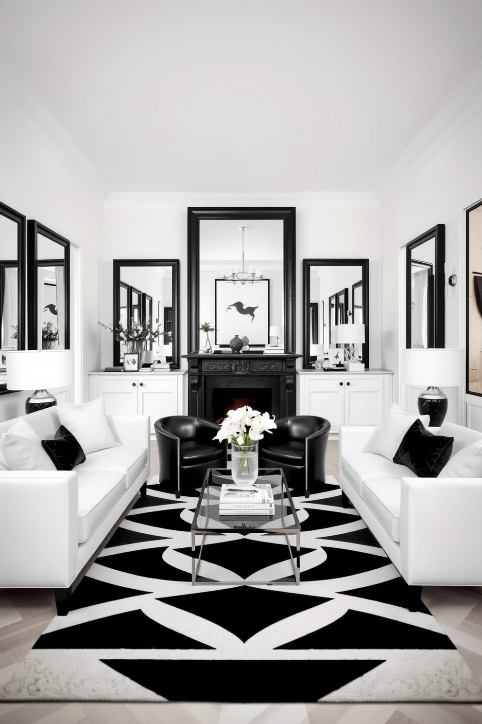 A chic living room featuring black framed mirrors that reflect the bright white space creating an illusion of more light and depth. The design incorporates a mix of modern furniture and classic accents, with a monochrome color palette that enhances the elegance of the room. The seating arrangement includes a plush white sofa paired with sleek black armchairs, accented by a geometric black and white rug. Decorative elements such as minimalist art pieces and stylish lighting fixtures add sophistication while maintaining a clean aesthetic.