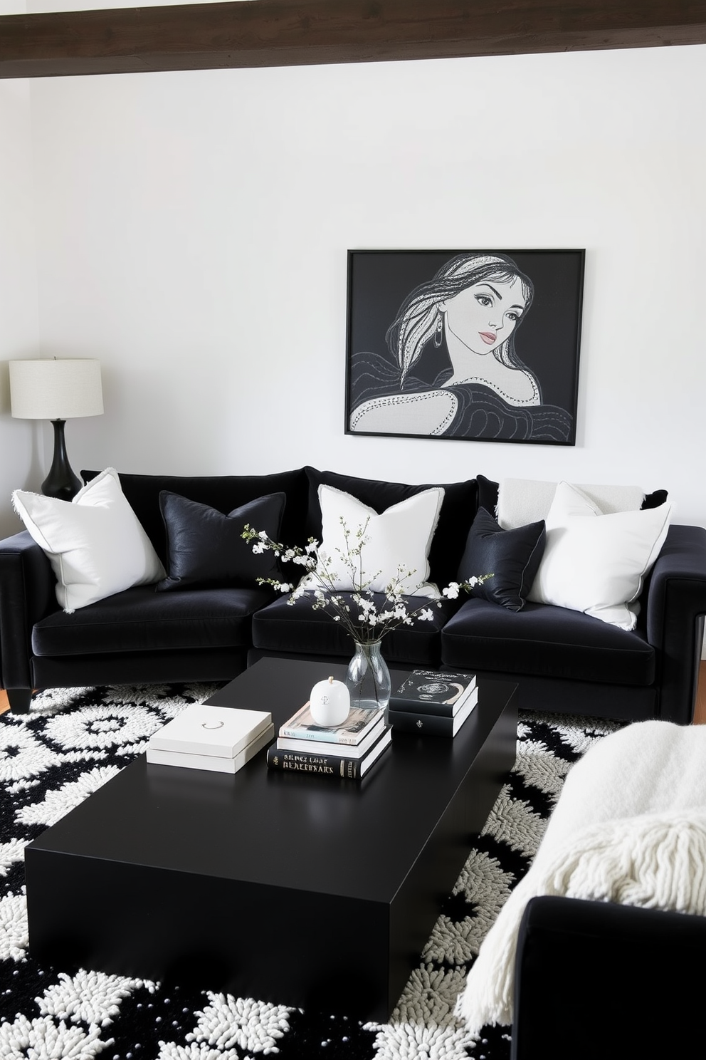 A stylish living room featuring layered textures with black and white fabrics. The space includes a plush black velvet sofa adorned with white throw pillows and a textured black and white area rug. The walls are painted in a soft white hue, creating a bright and airy atmosphere. A sleek black coffee table sits at the center, complemented by a collection of decorative books and a minimalist vase.