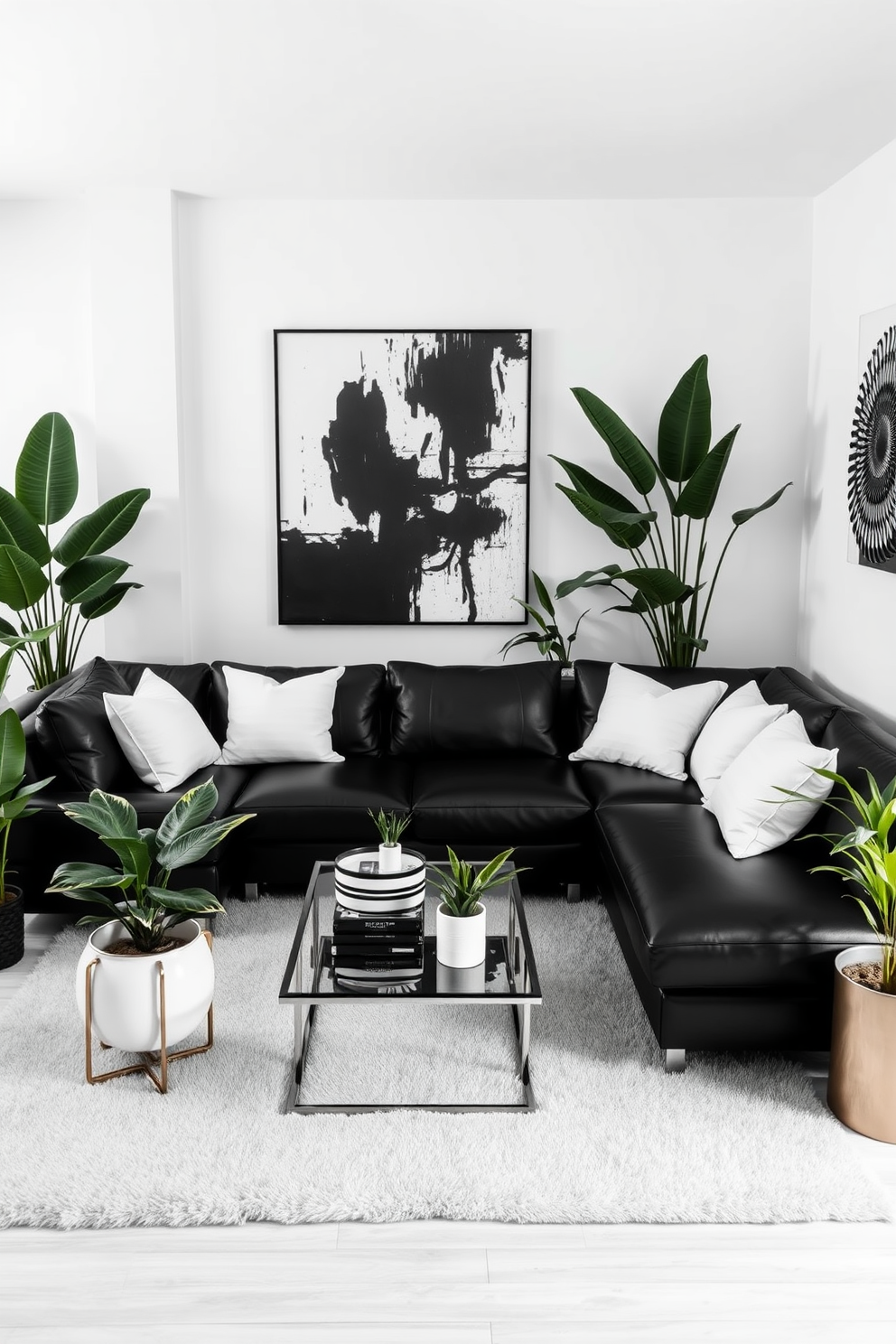 A stylish black and white living room featuring a sleek sectional sofa in black leather paired with white accent pillows. The room is adorned with various indoor plants in elegant pots, providing a fresh contrast against the monochromatic decor. The walls are painted in a crisp white, while a large abstract black and white artwork hangs above a modern coffee table. A plush area rug with geometric patterns anchors the space, and tall plants are strategically placed in the corners to enhance the room's vibrancy.