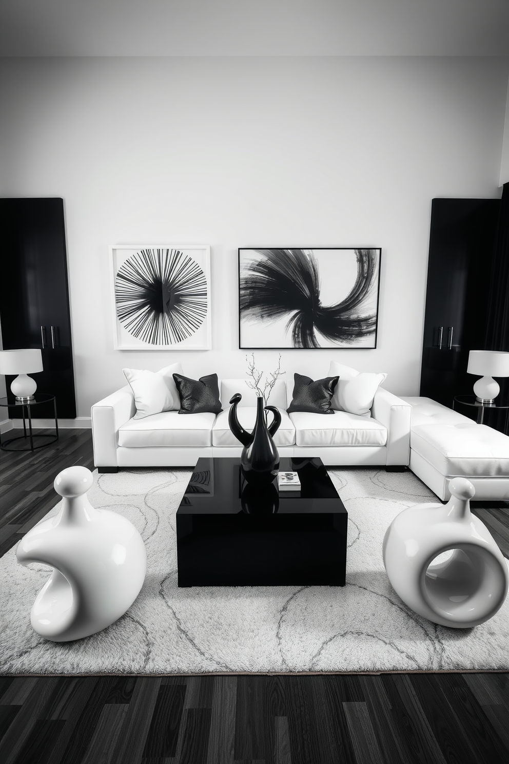 A striking black and white living room features unique sculptural decor pieces that serve as focal points. The space is adorned with a plush white sofa and a sleek black coffee table, creating a perfect balance of contrast and elegance. Artistic black and white wall art complements the decor, enhancing the room's modern aesthetic. A soft area rug in geometric patterns ties the elements together, adding warmth and texture to the overall design.