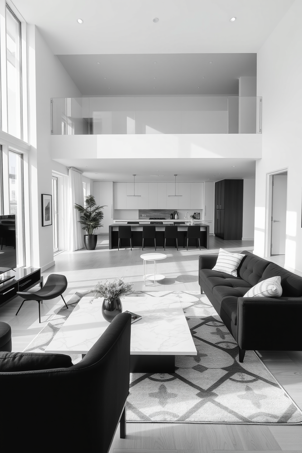 Open concept living room with a monochrome palette. The space features a sleek black sectional sofa paired with a white marble coffee table at the center. Large floor-to-ceiling windows allow natural light to flood the room, highlighting the minimalist decor. A modern black accent chair sits beside a geometric area rug that ties the color scheme together.