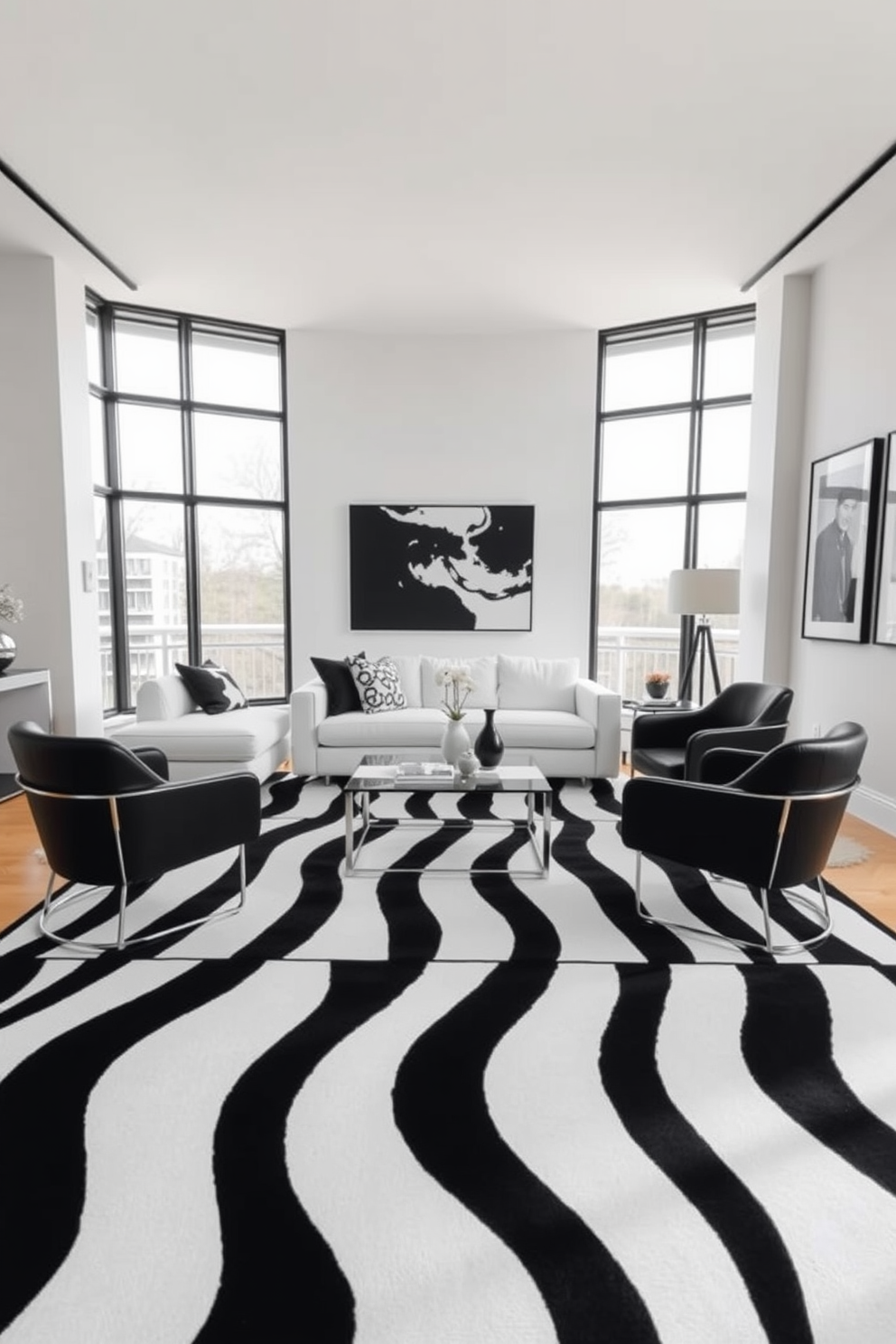 A stylish living room featuring a bold black and white striped area rug that anchors the space. The room is adorned with sleek modern furniture, including a plush white sofa and a pair of black accent chairs. Large windows allow natural light to flood in, illuminating the contrasting elements of the decor. A minimalist coffee table sits in the center, complemented by monochrome artwork hanging on the walls.