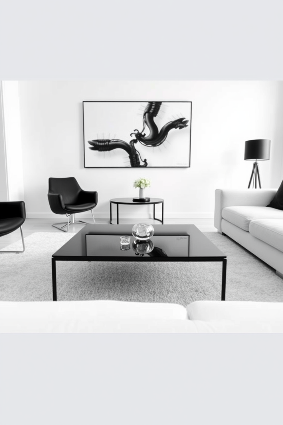 A minimalist black coffee table with a sleek glass top sits at the center of the room. Surrounding the table are a pair of modern black armchairs and a plush white sofa, creating a striking contrast. The walls are painted in a crisp white, enhancing the airy feel of the space. A large monochromatic artwork hangs above the sofa, tying together the black and white theme of the living room.