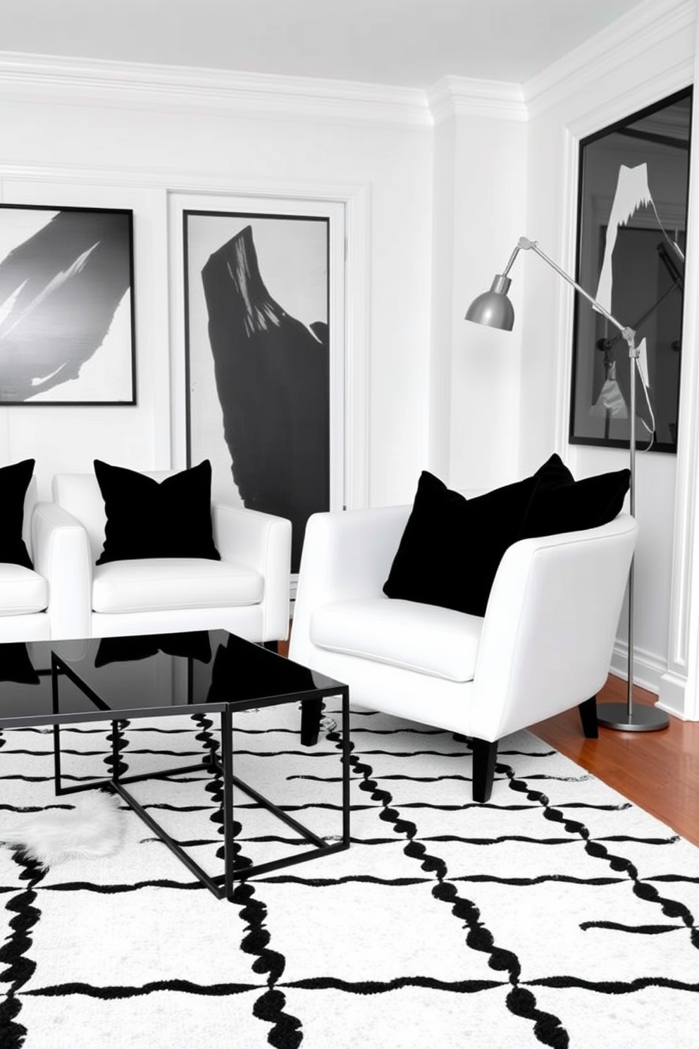 A chic white armchair is positioned in a stylish living room adorned with black throw pillows. The space features a striking black and white color palette, with a geometric patterned rug anchoring the room. The walls are painted in a soft white, creating a bright and airy atmosphere. A sleek black coffee table sits in front of the armchair, complemented by an elegant floor lamp in the corner.