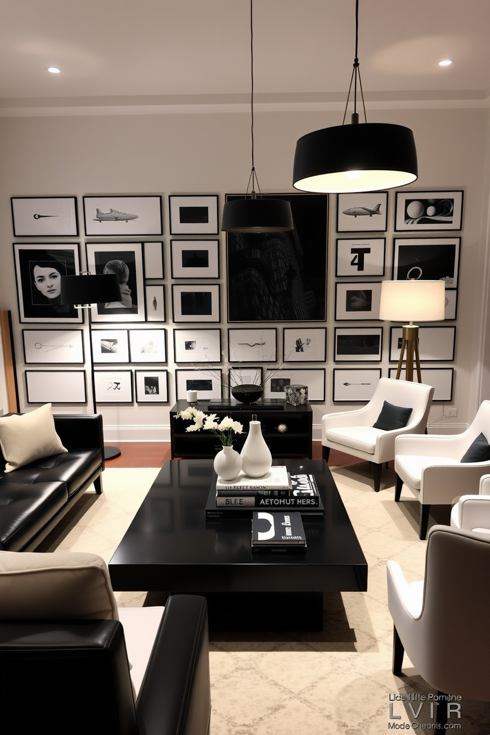 A stylish living room featuring layered lighting with black and white fixtures. The space includes a sleek black sofa paired with white accent chairs, all set against a backdrop of a monochromatic gallery wall. A large coffee table in the center is adorned with a minimalist vase and a stack of art books. Elegant floor lamps and pendant lights provide a warm glow, enhancing the contrast between the black and white elements.