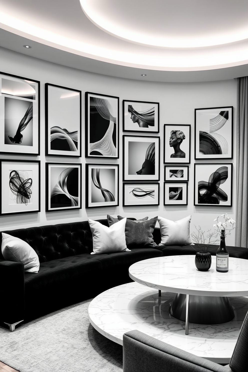 Artistic black and white wall art gallery featuring a collection of framed monochrome photographs and abstract prints. The gallery wall is complemented by sleek, modern lighting that highlights the artwork and creates a striking focal point in the room. Black and white living room design ideas showcase a blend of elegant furnishings and bold contrasts. The space includes a plush black sofa, a white marble coffee table, and decorative throw pillows in varying shades of gray to enhance the monochromatic theme.