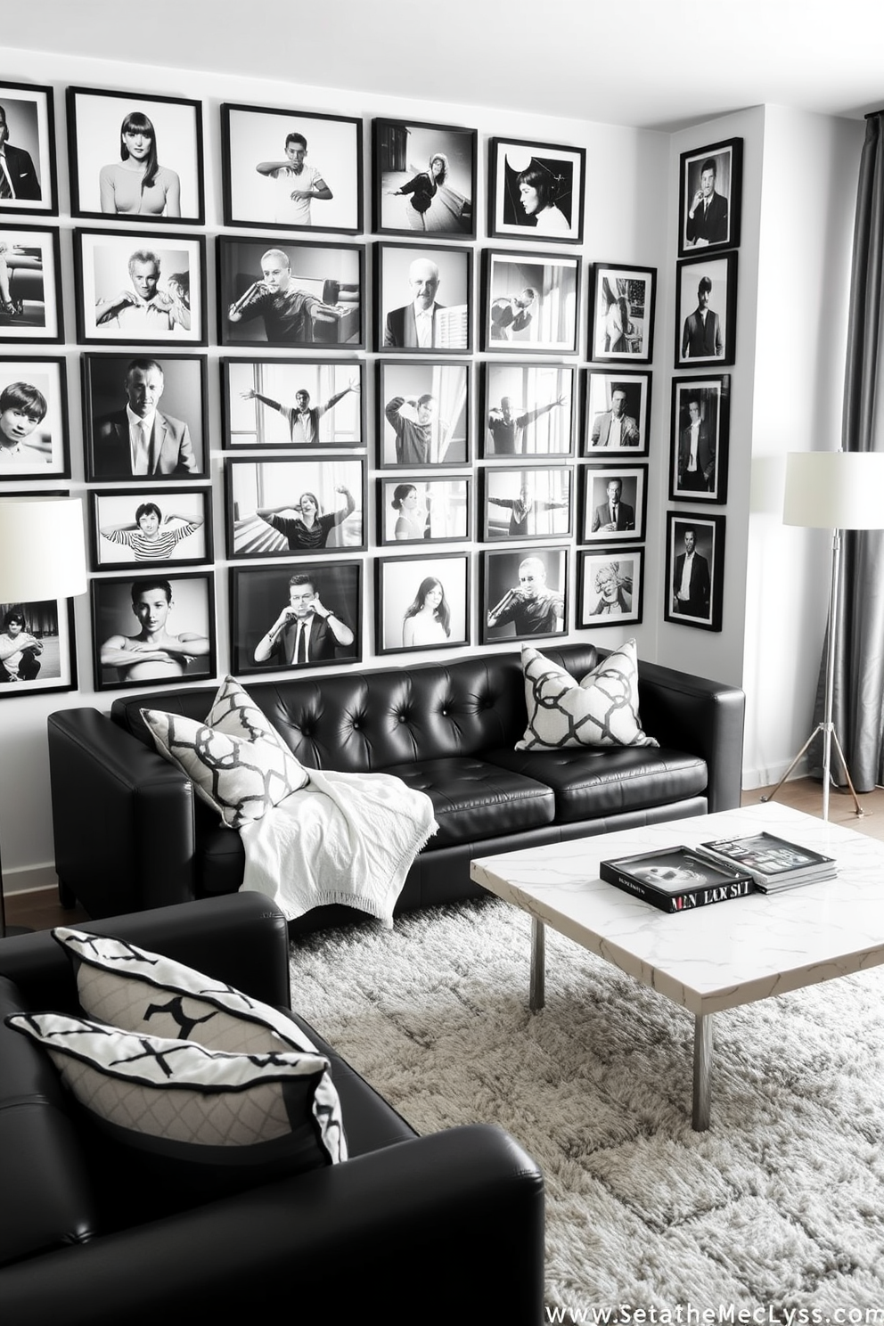 A stylish black and white living room featuring vintage photographs as decor. The walls are adorned with a gallery of framed black and white photos in various sizes, creating a striking focal point. The furniture includes a sleek black leather sofa paired with a white marble coffee table. A plush area rug anchors the space, and accent pillows with geometric patterns add a touch of modern flair.