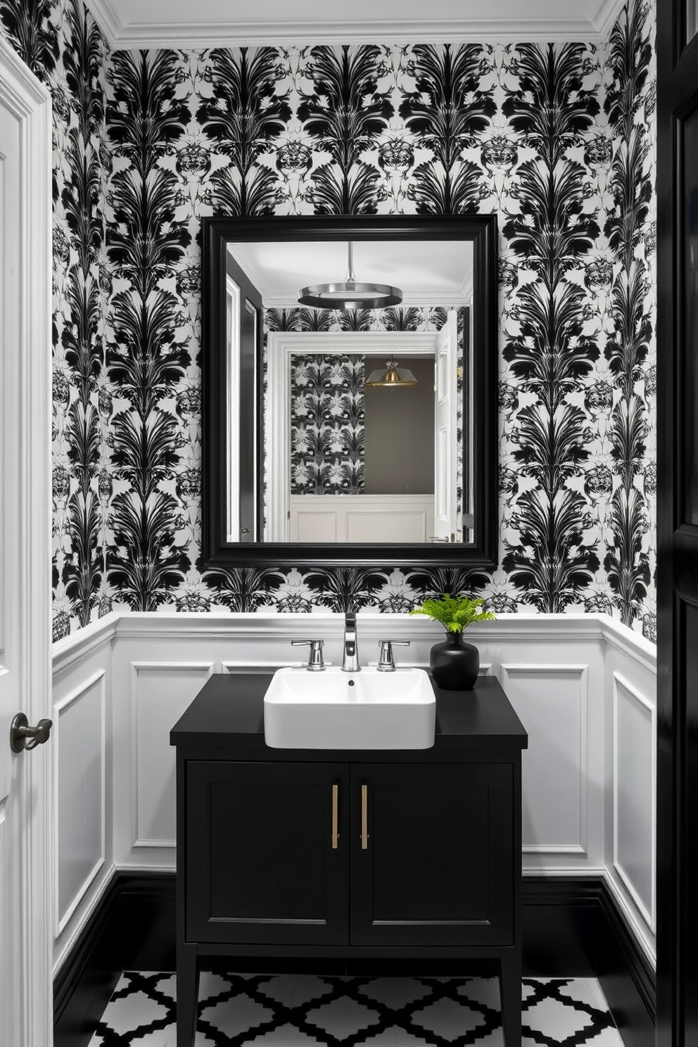 An elegant black framed mirror hangs above a sleek white sink in a stylish powder room. The walls are adorned with a chic black and white wallpaper, creating a sophisticated backdrop for the space. The floor features striking black and white geometric tiles that enhance the modern aesthetic. A minimalist black vanity complements the design, with a small potted plant adding a touch of greenery.