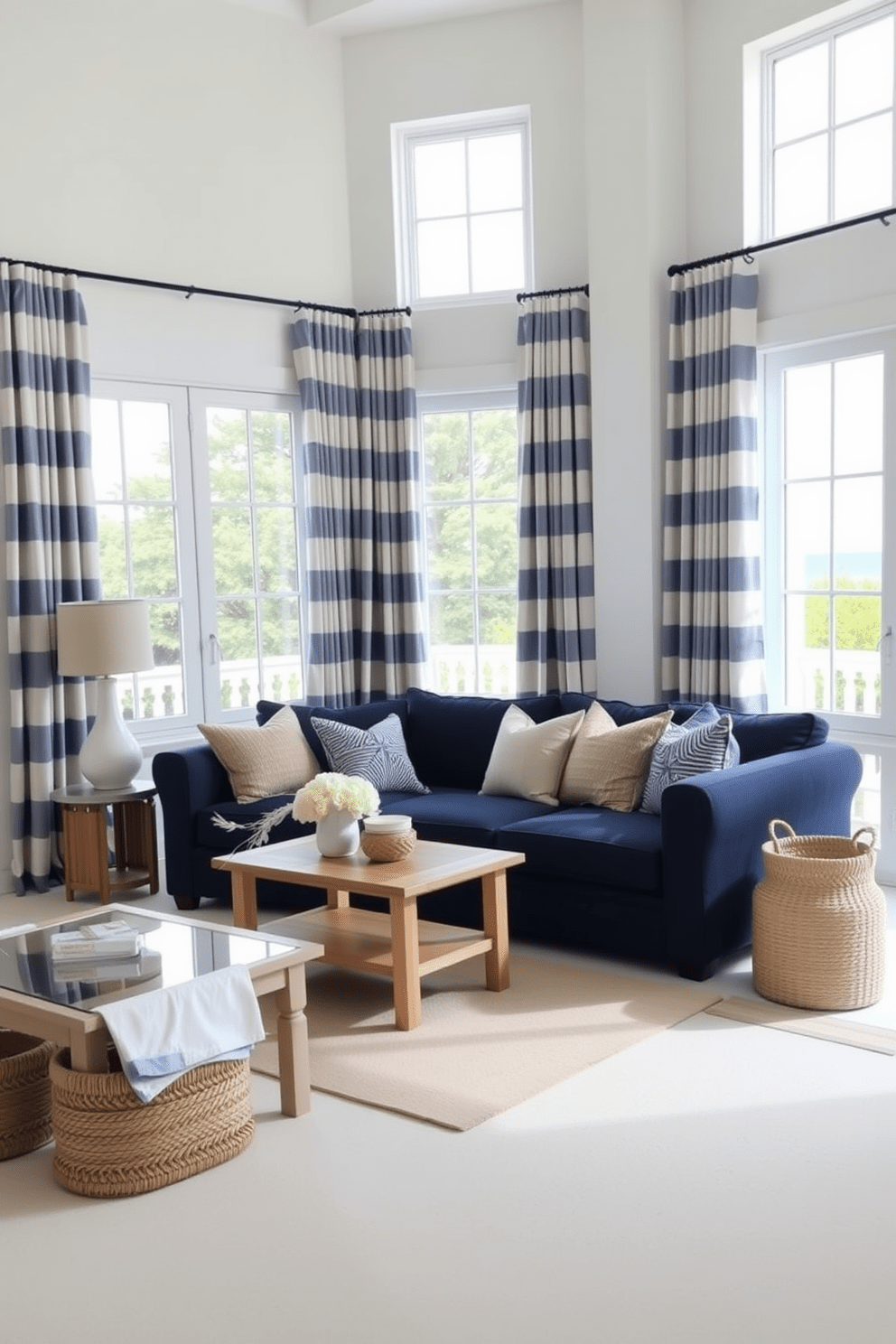 Coastal blue and white striped curtains frame the large windows, allowing natural light to fill the airy apartment. The walls are painted in a soft white, creating a fresh and inviting atmosphere that complements the coastal theme. A plush navy sofa sits in the center of the living area, accented by throw pillows in various shades of blue and sandy beige. A light wooden coffee table with a glass top adds a touch of elegance, while woven baskets provide stylish storage options.