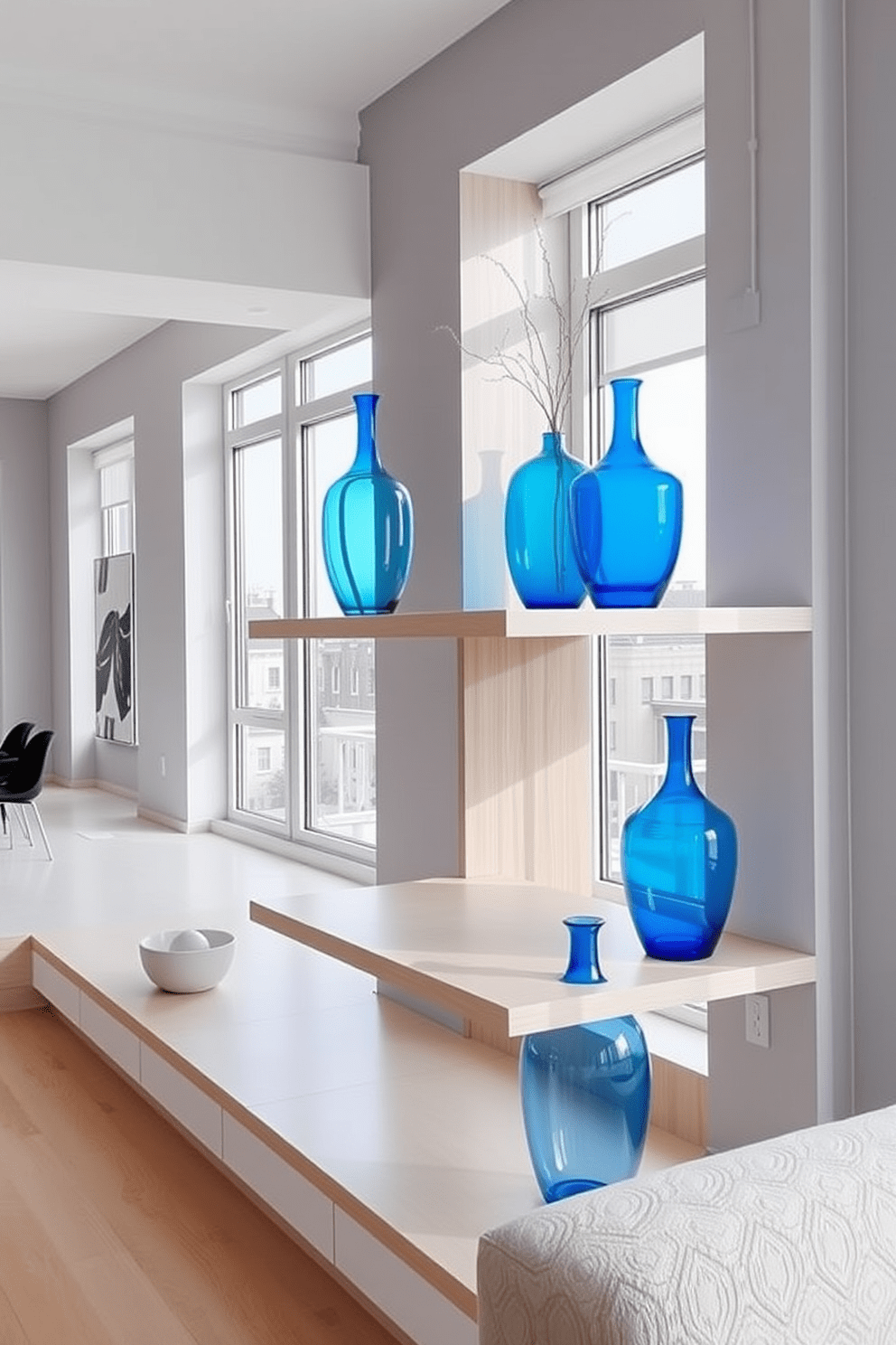 Bright blue vases are elegantly arranged on open shelves, adding a vibrant pop of color to the room. The shelves are made of light wood, complementing the contemporary style of the space. The apartment features a modern layout with large windows that allow natural light to flood in. Soft gray walls provide a neutral backdrop, enhancing the brightness of the blue decor elements.