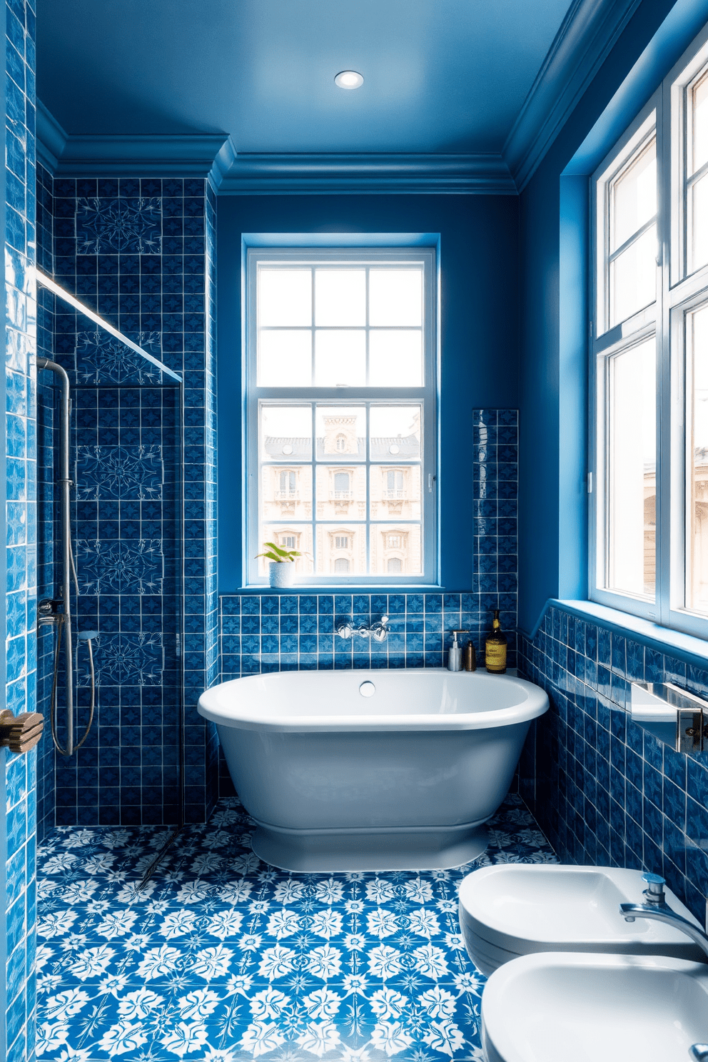 A bathroom featuring blue and white patterned tiles creates a fresh and vibrant atmosphere. The walls are adorned with complementary shades of blue, enhancing the overall aesthetic. In this blue apartment design, natural light floods the space through large windows, highlighting the intricate tile work. Stylish fixtures and modern amenities complete the look, making it both functional and visually appealing.