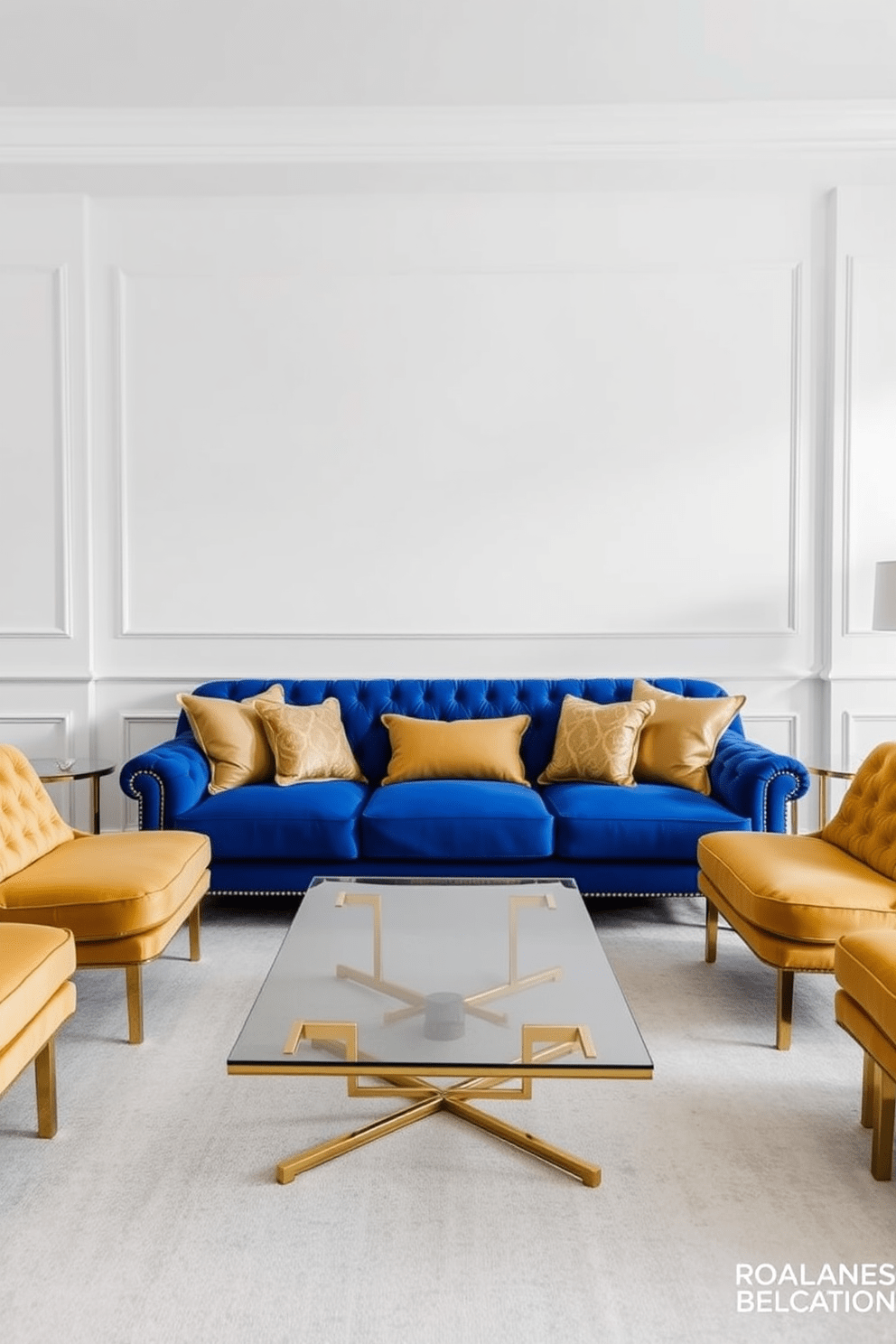 A royal blue sofa with elegant gold accents serves as the centerpiece of a modern living room. The walls are painted in a soft white, creating a bright and airy atmosphere that complements the rich color of the sofa. Surrounding the sofa are plush gold accent chairs that add a touch of luxury. A sleek coffee table with a glass top and gold legs sits in front, enhancing the sophisticated vibe of the space.