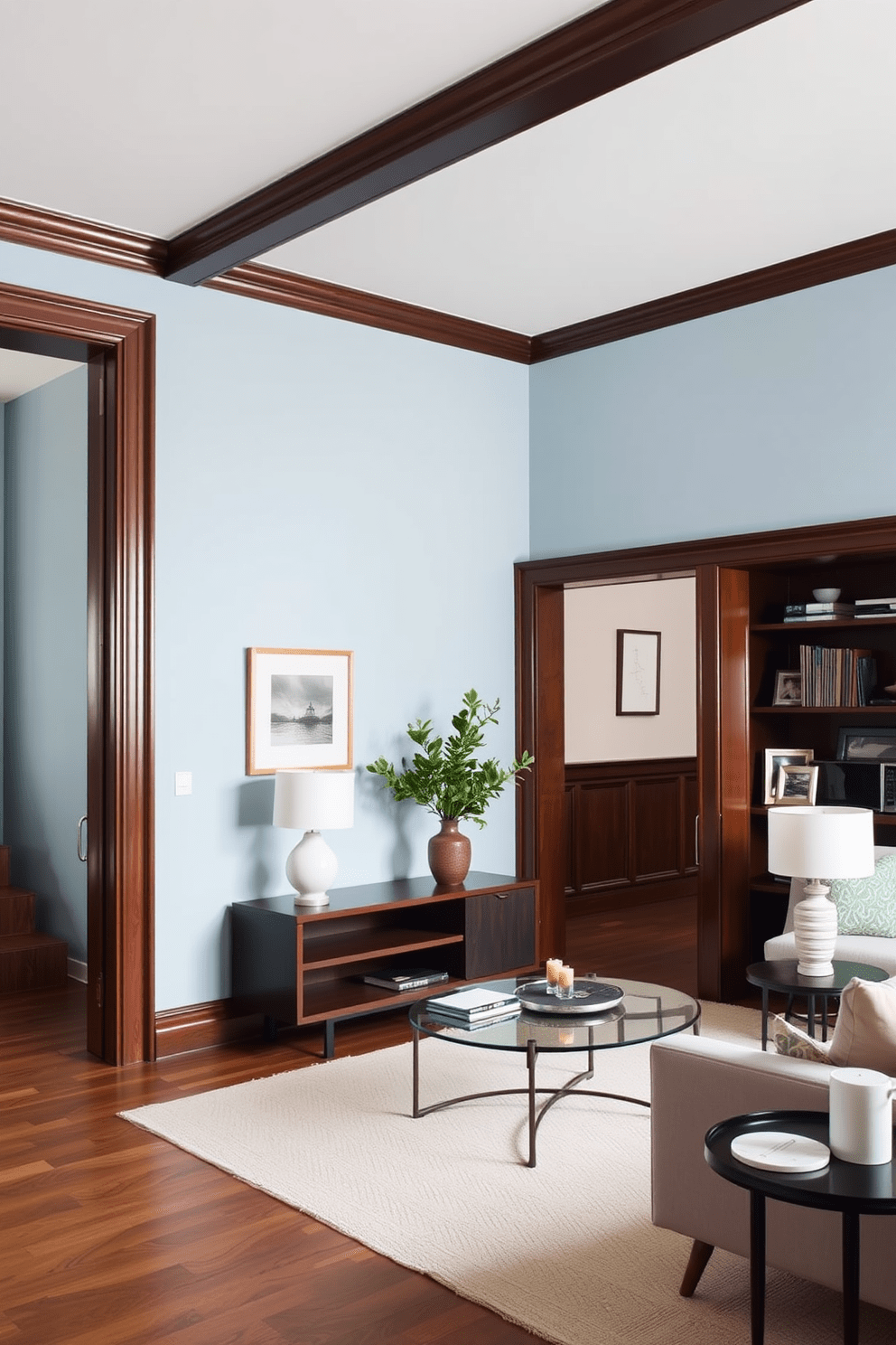 A serene apartment setting featuring pale blue walls contrasted by rich dark wood trim. The space is filled with modern furniture pieces that complement the color scheme, creating a harmonious and inviting atmosphere.