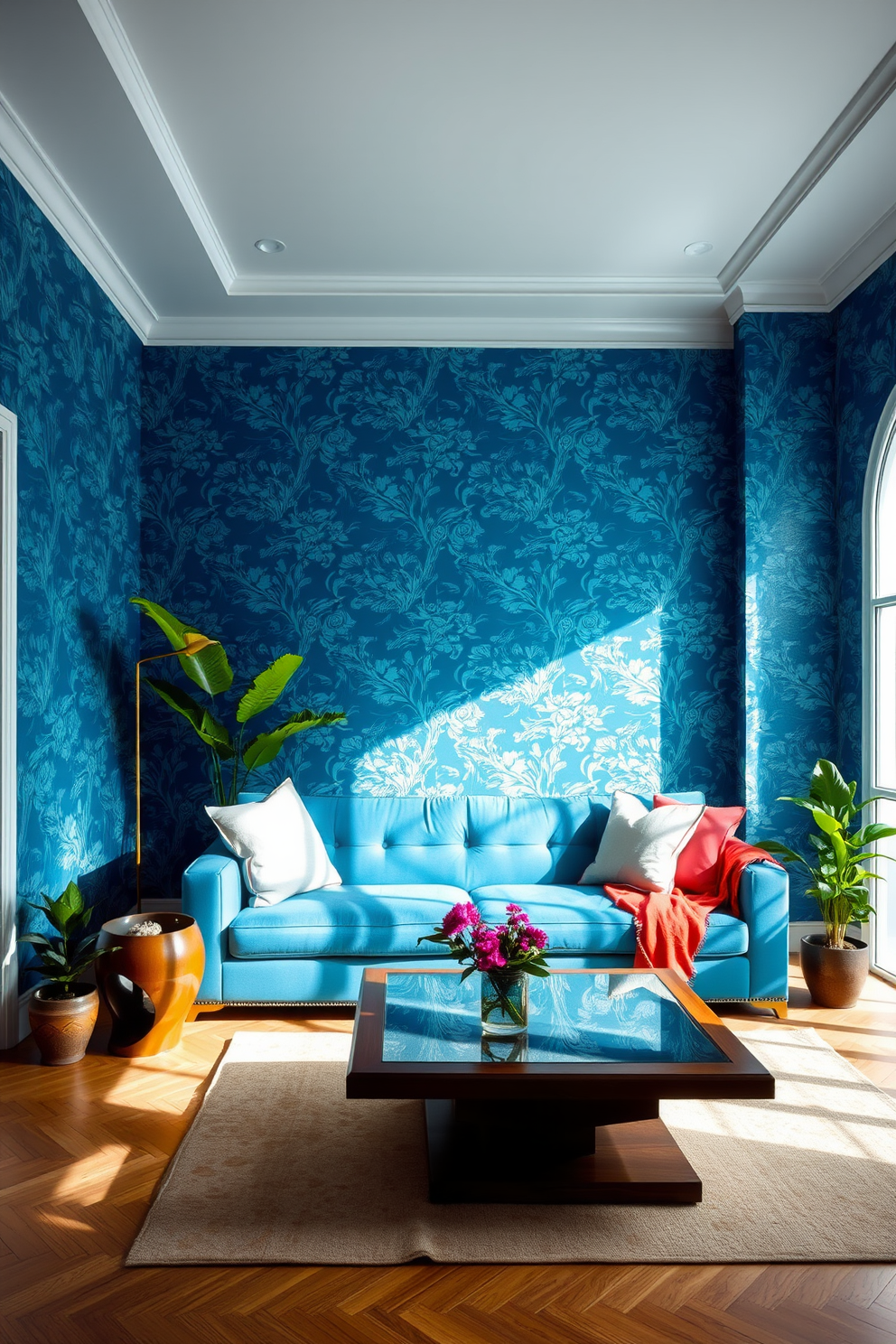 A stunning living space adorned with blue wallpaper featuring intricate floral designs. The room is filled with natural light, highlighting the elegance of the blue tones and creating a serene atmosphere. A plush sofa in a complementary shade of blue sits against the wall, accented by vibrant throw pillows. A stylish coffee table made of glass and wood adds a modern touch, while a few potted plants bring life to the space.