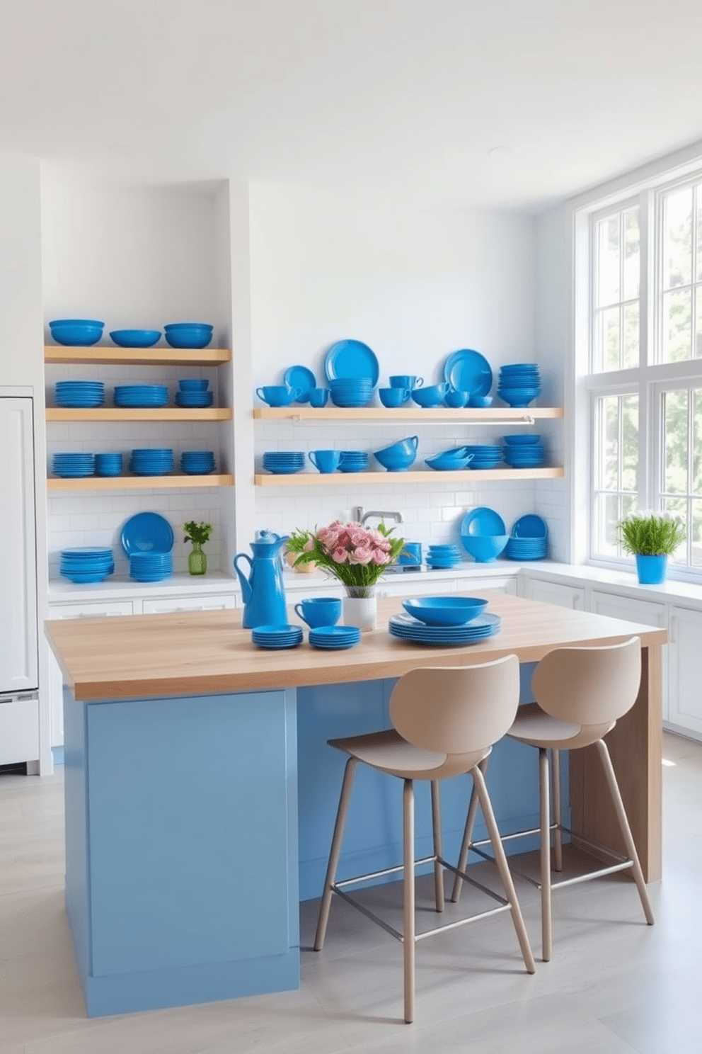 A bright and airy kitchen featuring cerulean blue dishes artfully arranged on open shelves. The walls are painted in a soft white, complementing the vibrant blue of the dishes and creating a fresh, inviting atmosphere. The kitchen island is topped with a light wood surface, surrounded by modern bar stools in a neutral tone. Large windows allow natural light to flood the space, enhancing the cheerful color palette and making the kitchen feel spacious and welcoming.