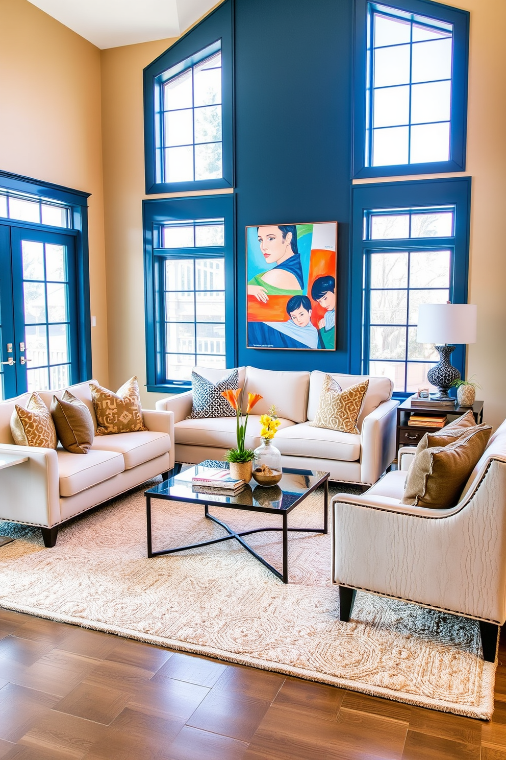 A stylish living room featuring slate blue painted furniture that adds a striking contrast to the warm beige walls. The space includes a plush cream sofa, a modern coffee table, and decorative pillows in various textures to enhance the cozy atmosphere. Incorporate large windows that allow natural light to flood the room, highlighting the vibrant artwork on the walls. A soft area rug in neutral tones anchors the seating area, creating a welcoming and inviting environment.