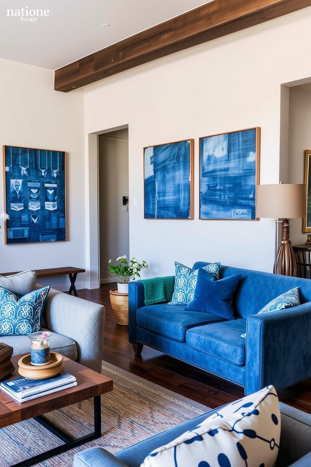 A stylish apartment featuring faded blue denim art pieces adorning the walls. The interior combines modern furnishings with rustic accents, creating a cozy yet sophisticated atmosphere.