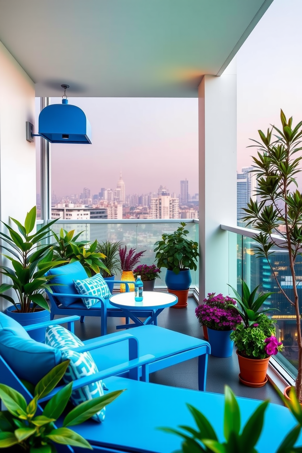 Bright blue outdoor furniture adorns a spacious balcony, surrounded by lush greenery and vibrant potted plants. The furniture includes a stylish lounge chair and a matching table, creating an inviting space for relaxation and social gatherings. The balcony features a stunning view of the city skyline, enhancing the overall ambiance of the apartment. Soft lighting is incorporated to create a warm atmosphere during the evening hours, complementing the bright blue accents.