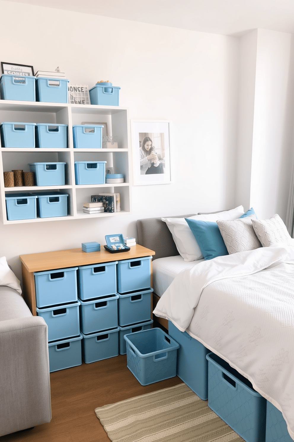 A cozy apartment living room featuring baby blue storage bins neatly arranged on shelves for organization. The walls are painted in a soft white, and a plush gray sofa complements the cheerful blue accents throughout the space. A stylish bedroom showcasing baby blue storage bins under the bed for a tidy look. The bedding is a mix of white and light gray, creating a serene atmosphere that enhances the calming effect of the blue bins.