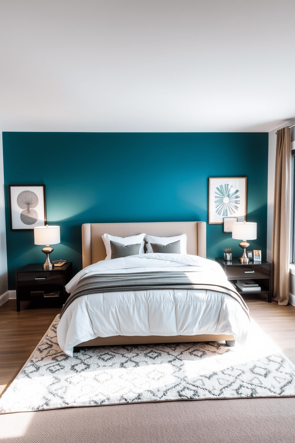 A cozy bedroom featuring a teal blue accent wall behind a plush bed with a white duvet. The room is adorned with modern artwork and stylish lamps on nightstands, creating a serene atmosphere. The floor is covered with a soft area rug that complements the color scheme. Large windows allow natural light to fill the space, enhancing the inviting ambiance of the blue apartment design.