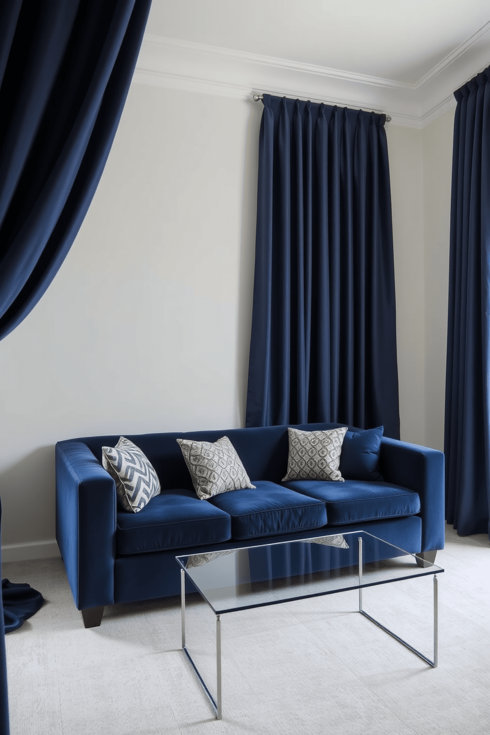 Rich navy curtains drape elegantly from the ceiling to the floor, creating a dramatic focal point in the room. The walls are painted in a soft white, enhancing the richness of the curtains and making the space feel open and inviting. A plush navy sofa is positioned against the wall, adorned with a mix of patterned and solid throw pillows for added texture. A sleek glass coffee table sits in front of the sofa, reflecting light and adding a modern touch to the cozy atmosphere.