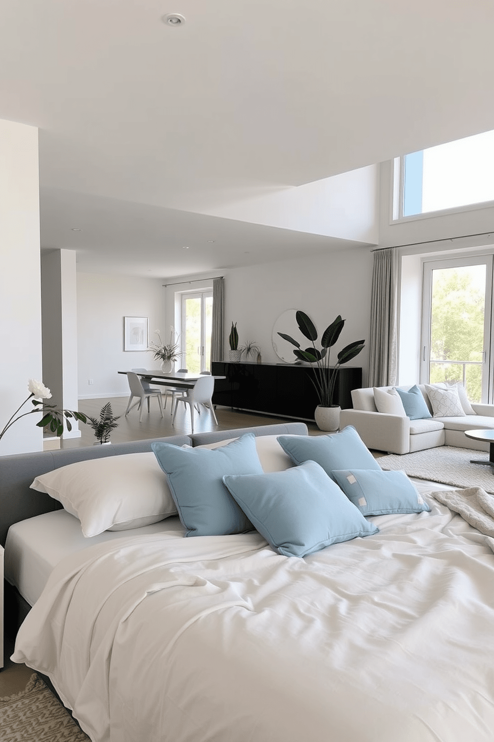 A serene bedroom featuring a plush bed adorned with soft blue accent pillows that complement the overall decor. The walls are painted in a light neutral tone, creating a calming atmosphere that enhances the cozy feel of the space. The apartment showcases an open layout with a modern minimalist design, incorporating sleek furniture and natural light. Large windows invite the outdoors in, while decorative plants add a touch of vibrancy to the soft color palette.