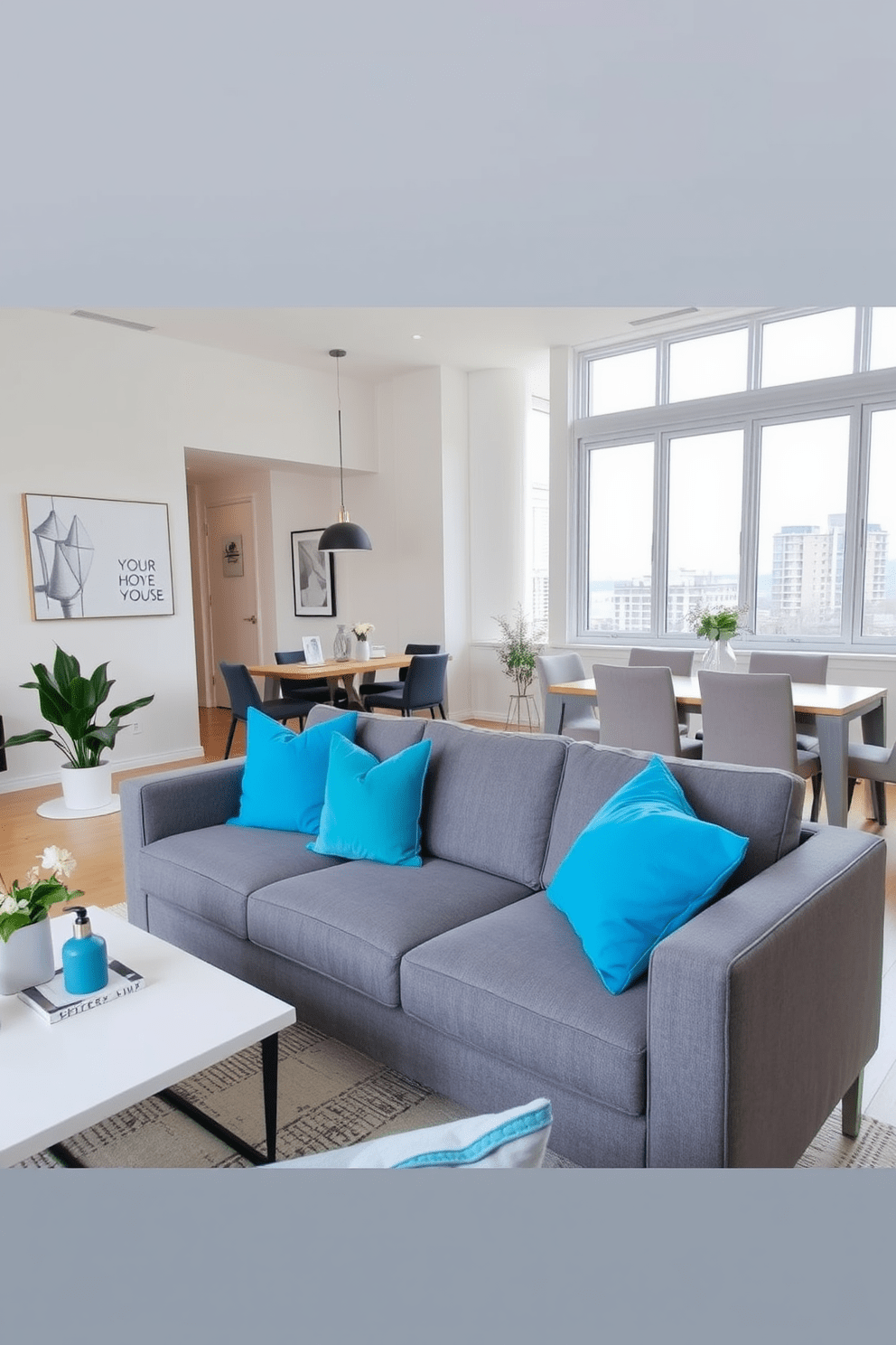 A stylish living room featuring a gray sofa adorned with sky blue throw pillows that add a pop of color. The space is designed with modern aesthetics, showcasing minimalist decor and a cozy atmosphere. The walls are painted in soft neutral tones, complementing the gray sofa and blue accents. Large windows allow natural light to flood the room, enhancing the inviting ambiance of the apartment.