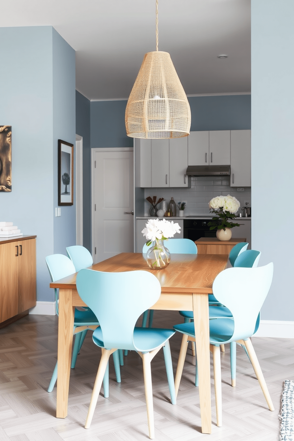 A stylish dining area featuring a wooden table surrounded by turquoise dining chairs. The walls are painted in a soft blue hue, complementing the overall aesthetic of the apartment.