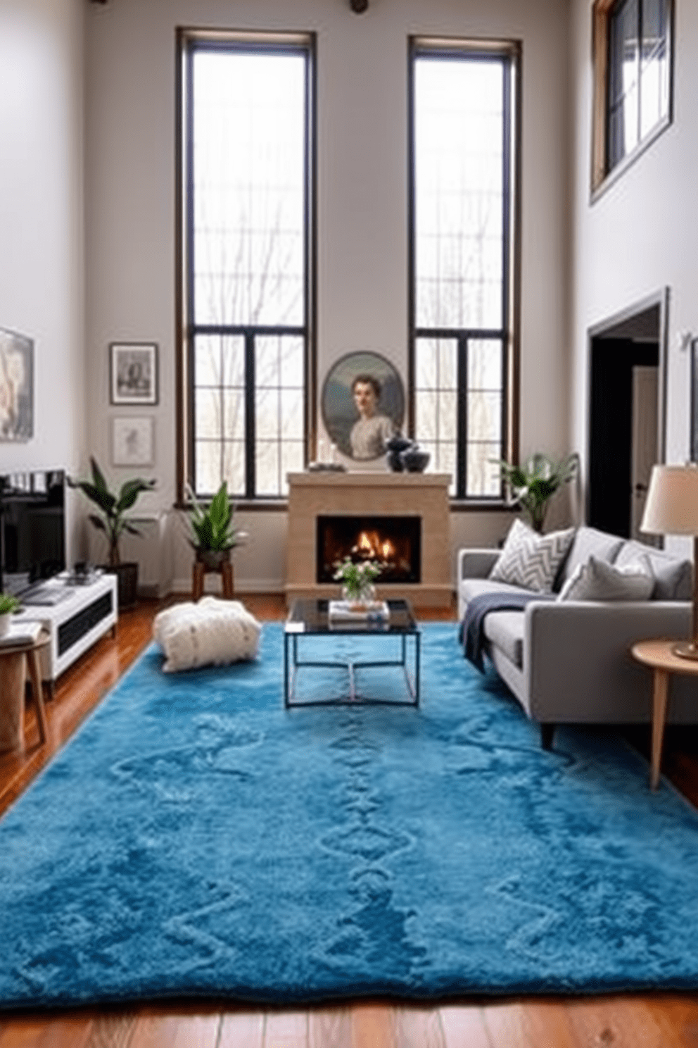 A cozy living room featuring a cerulean blue area rug that adds a pop of color to the space. The room is designed with a modern aesthetic, incorporating sleek furniture and soft lighting to create an inviting atmosphere. The walls are painted in a soft white, allowing the blue rug to stand out as a focal point. Large windows let in natural light, enhancing the overall brightness and warmth of the room.