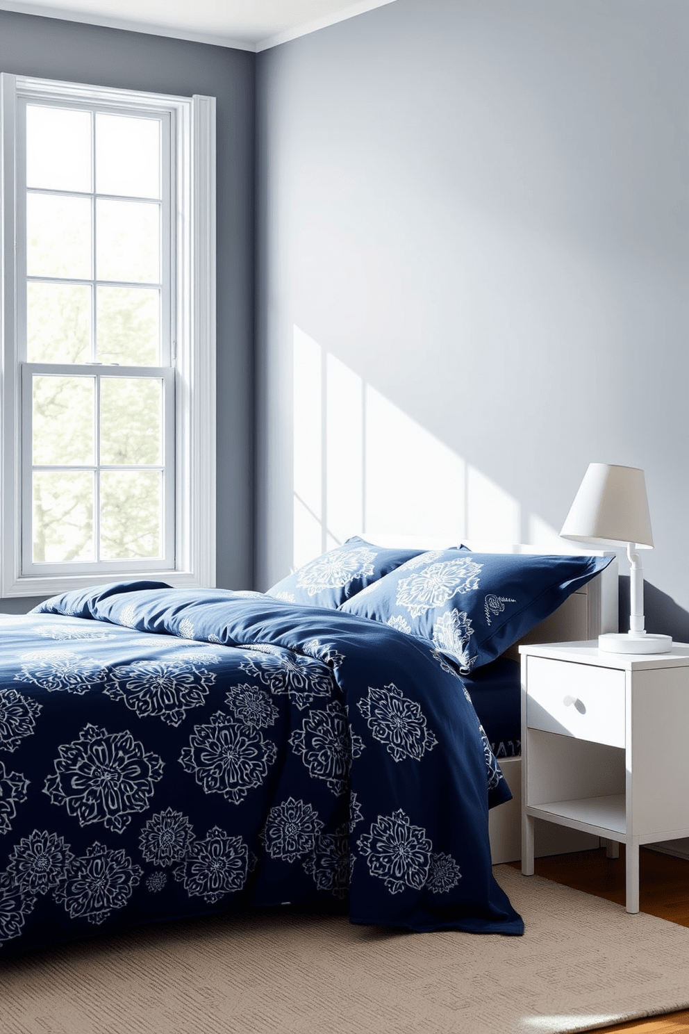 A serene bedroom setting featuring indigo blue bedding adorned with intricate white patterns. The walls are painted in a soft gray hue, creating a calming backdrop that enhances the rich tones of the bedding. To the side, a sleek white nightstand holds a modern lamp with a minimalist design. Large windows allow natural light to flood the space, showcasing the cozy atmosphere of this stylish blue apartment design.