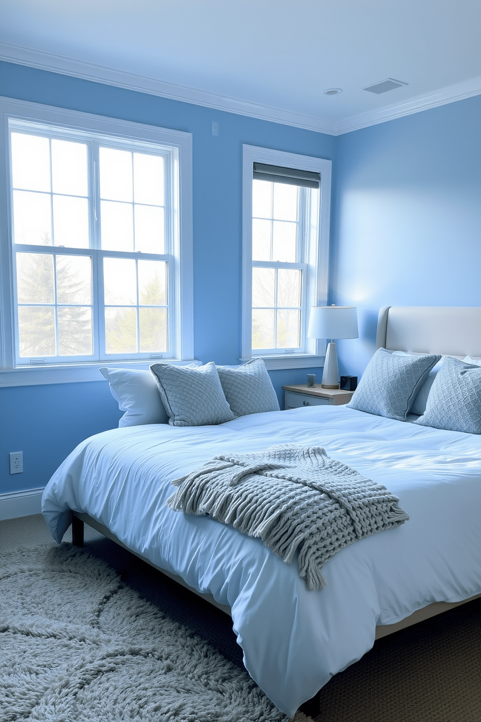 A serene bedroom with soft blue wall paint creates a calming atmosphere. The room features a plush white bed adorned with textured throw pillows and a cozy knitted blanket. Natural light floods in through large windows, highlighting a stylish bedside table with a modern lamp. A soft area rug lies beneath the bed, adding warmth to the space.