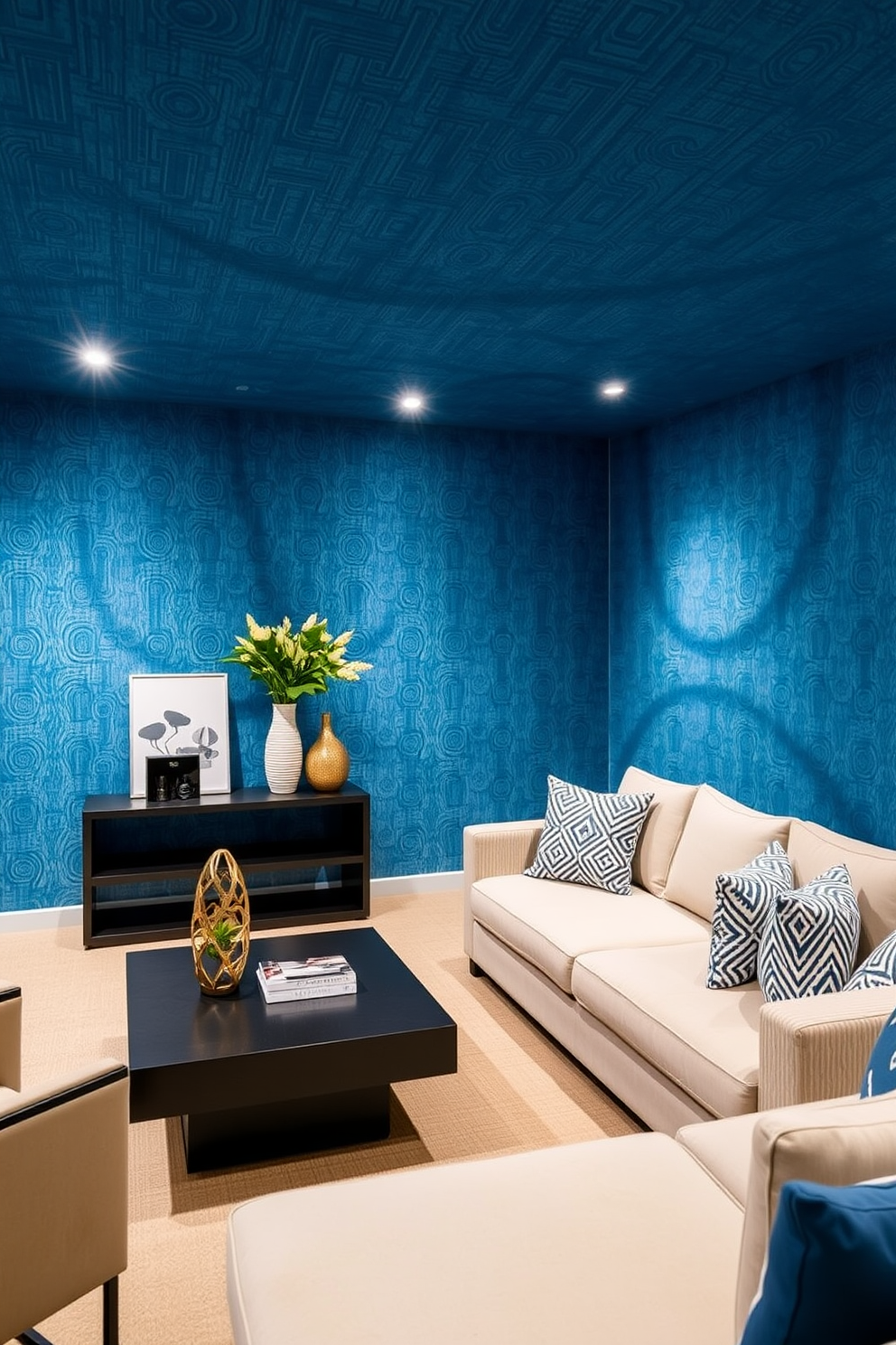 A stylish basement designed with textured blue wallpaper that adds depth and character to the space. The room features comfortable seating with a modern sectional sofa and a sleek coffee table, creating an inviting atmosphere for relaxation and entertainment.