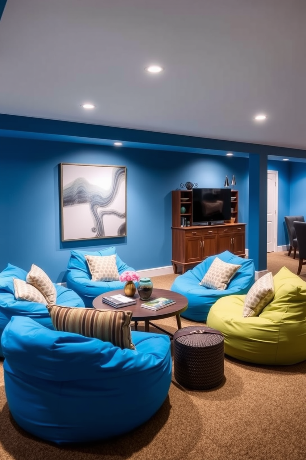 Bright blue bean bags for casual seating. The room features a cozy corner with vibrant bean bags arranged around a low coffee table, creating an inviting atmosphere for relaxation. Blue basement design ideas. The basement is transformed into a stylish retreat with soft blue walls, ambient lighting, and comfortable seating, perfect for entertaining or unwinding.