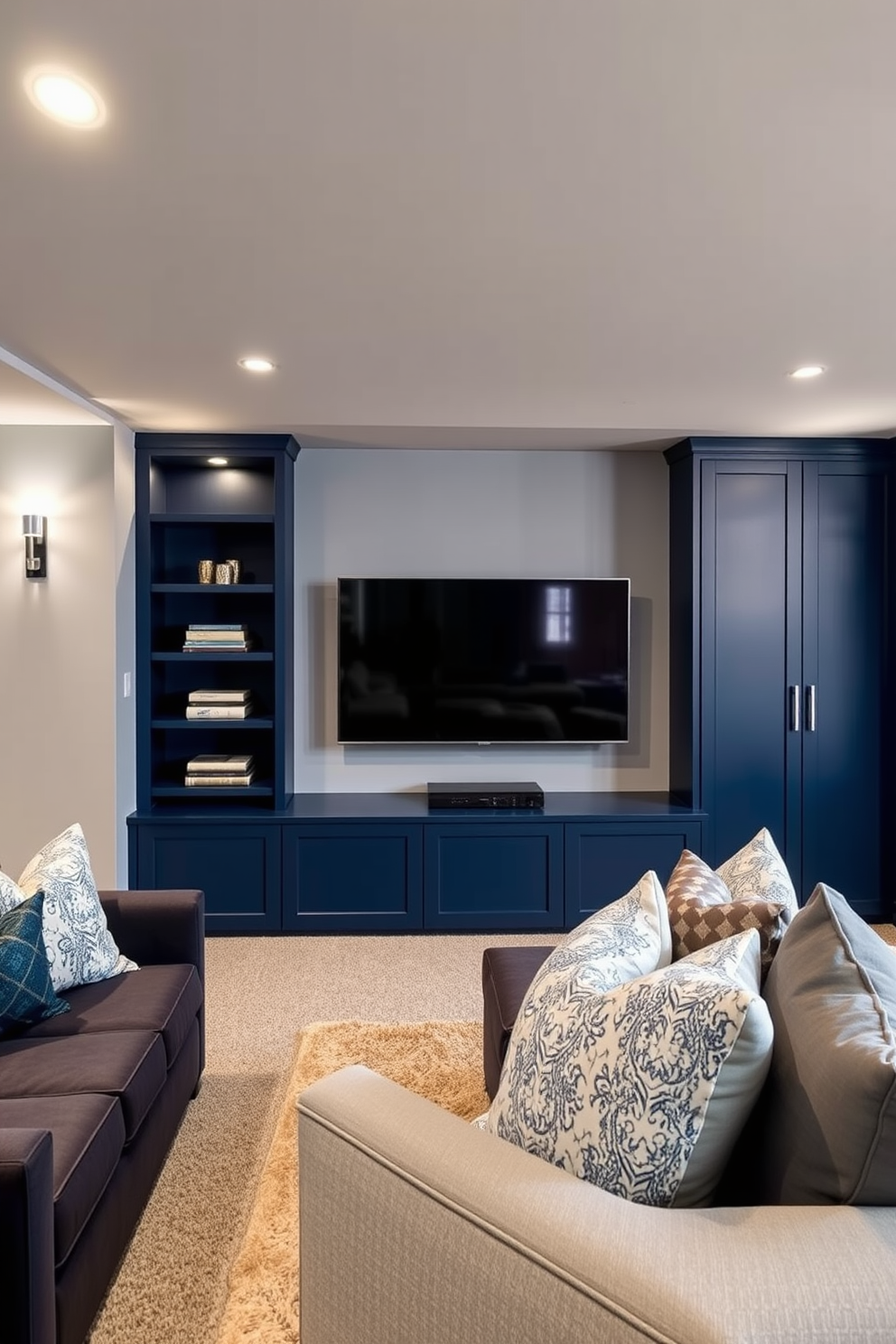 A navy blue entertainment center with sleek shelves provides a modern focal point in the room. The walls are painted in a soft gray, creating a calming backdrop for the vibrant blue cabinetry. The basement features cozy seating arrangements with plush sofas and decorative throw pillows. Ambient lighting fixtures are strategically placed to enhance the inviting atmosphere of the space.