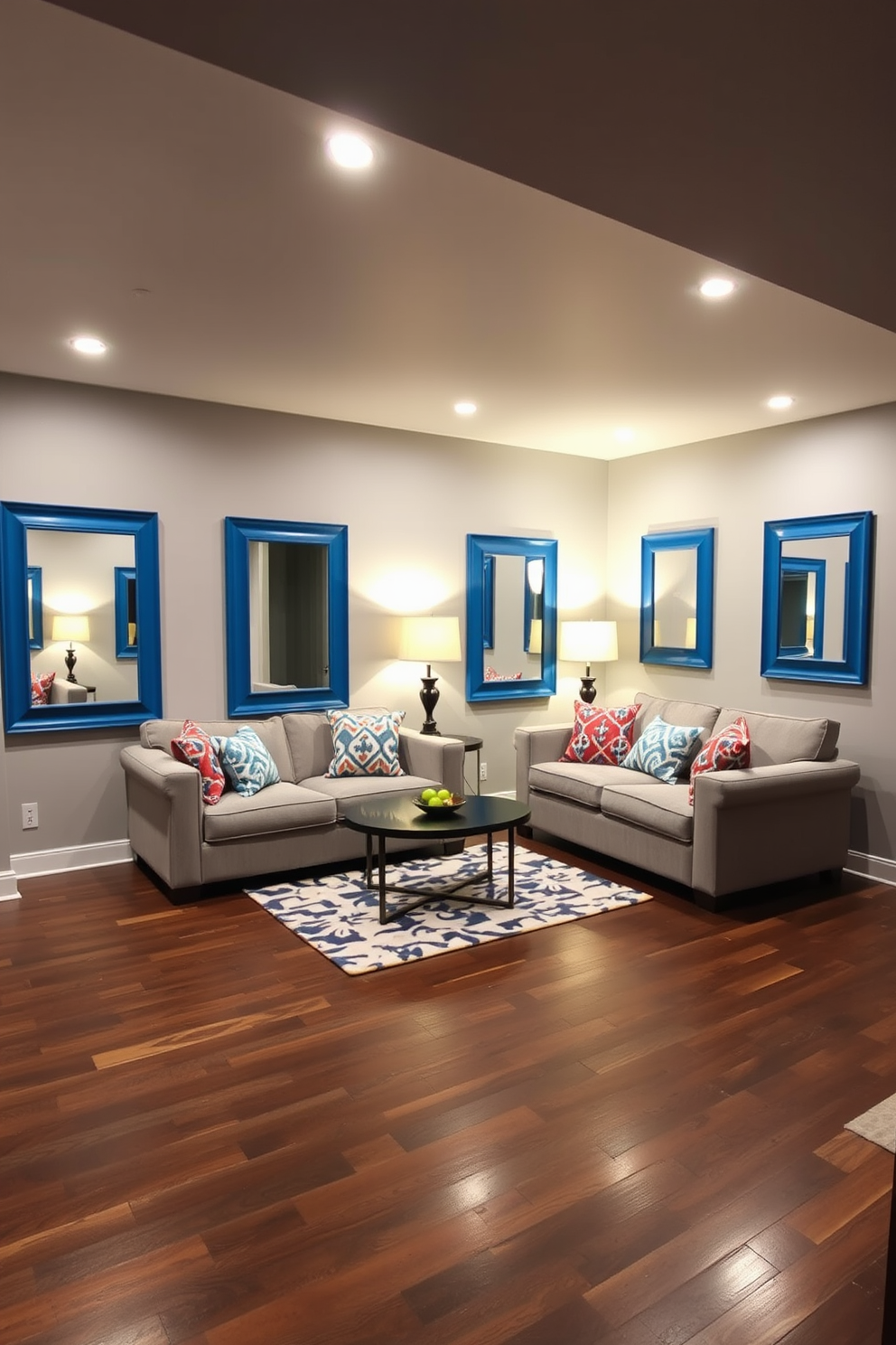 A stylish basement designed in a modern aesthetic. The walls are painted in a soft gray, and the flooring features dark hardwood for a warm contrast. Blue framed mirrors are strategically placed to enhance the sense of space and light. Comfortable seating arrangements with plush sofas and vibrant throw pillows create an inviting atmosphere.