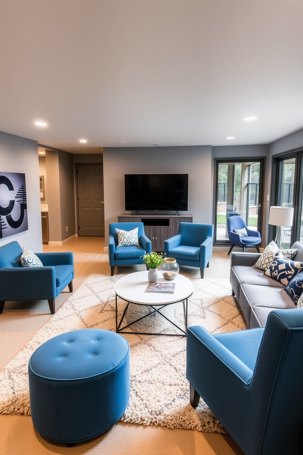 A cozy basement lounge featuring blue accent chairs that add a pop of color to the space. The walls are painted in a soft gray, complemented by a plush area rug that anchors the seating area. A modern entertainment area with blue accent chairs arranged around a sleek coffee table. Large windows allow natural light to flood in, enhancing the inviting atmosphere of the basement.