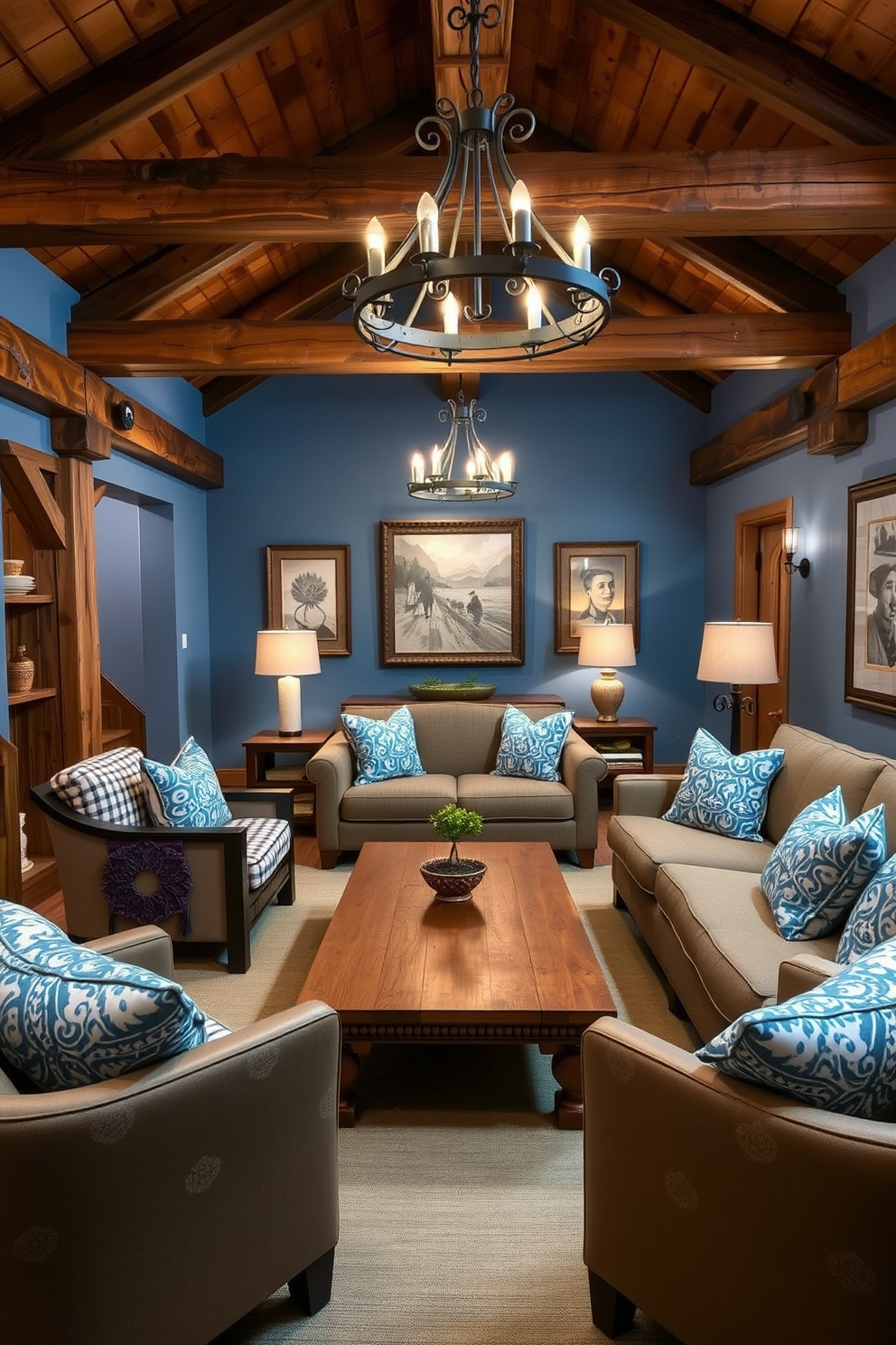 A cozy basement retreat featuring rustic wooden beams and accents throughout the space. The walls are painted in a soft blue hue, complemented by comfortable seating adorned with blue and white patterned cushions. A large wooden coffee table sits at the center, surrounded by plush armchairs and a sectional sofa. Warm lighting fixtures made of wrought iron create a welcoming ambiance, enhancing the rustic charm of the room.