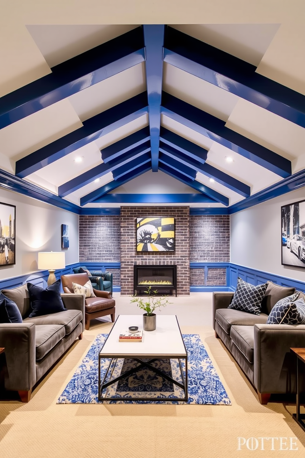 A stylish basement retreat featuring blue painted ceiling beams that add a touch of interest to the space. The design includes a cozy seating area with plush sofas, a sleek coffee table, and ambient lighting for a warm atmosphere.