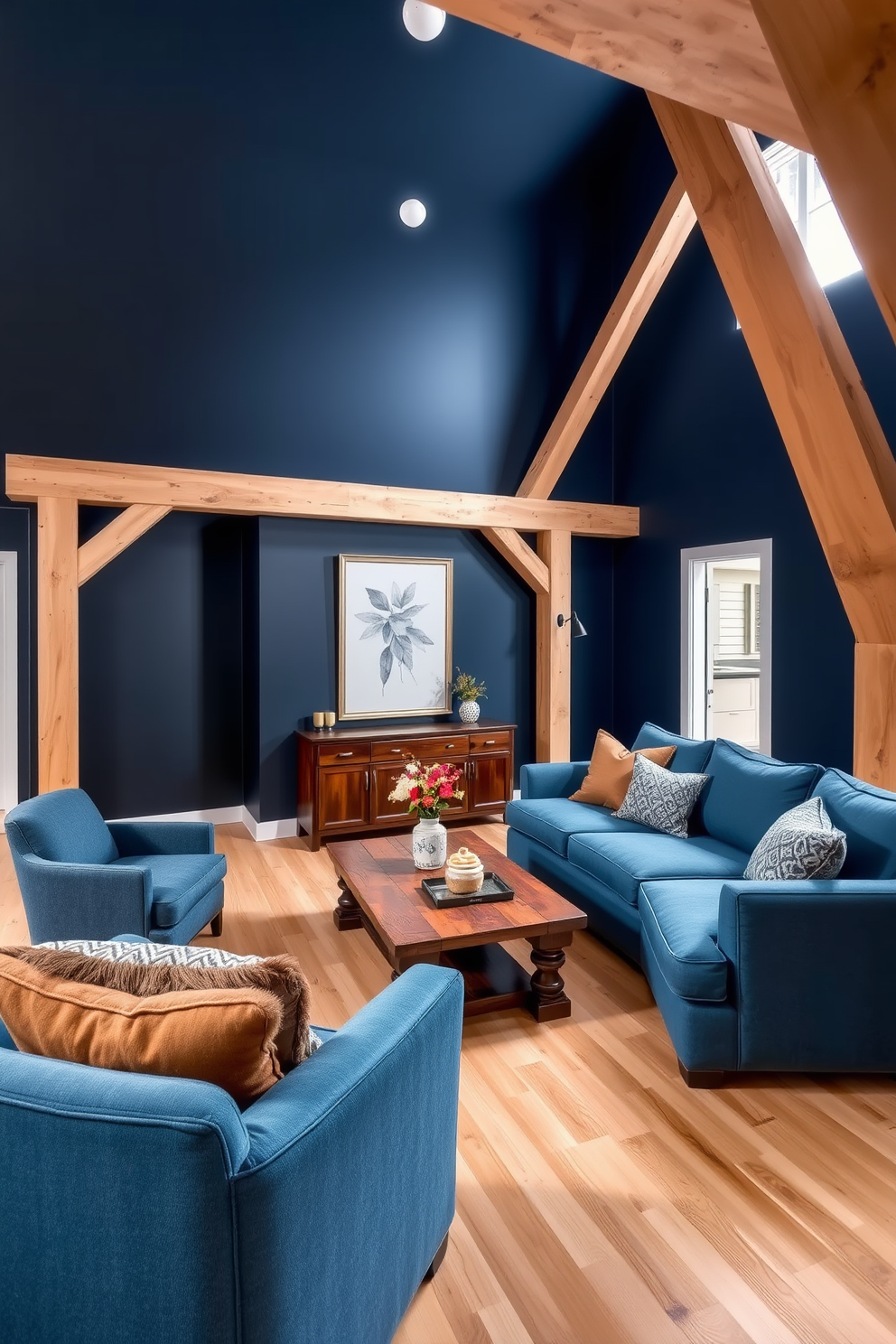 A stylish basement retreat featuring a blend of rich blue tones and natural wood finishes. The walls are painted in a deep navy blue, creating a cozy atmosphere, while exposed wooden beams add warmth and character to the space. The flooring is a light natural wood, contrasting beautifully with the dark walls. A plush sectional sofa in a soft blue fabric is arranged around a rustic wooden coffee table, enhancing the inviting feel of the room.