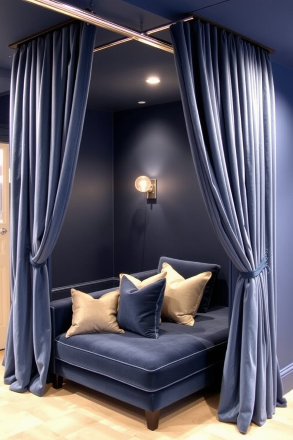 Elegant blue velvet curtains drape gracefully from a polished chrome rod, adding a touch of sophistication to the luxury basement. The soft fabric cascades to the floor, complementing the rich hues of the deep blue walls and plush seating area. The basement features a cozy lounge space with a contemporary sectional sofa adorned with decorative pillows in complementary shades. Ambient lighting from stylish sconces creates a warm atmosphere, enhancing the elegance of the overall design.