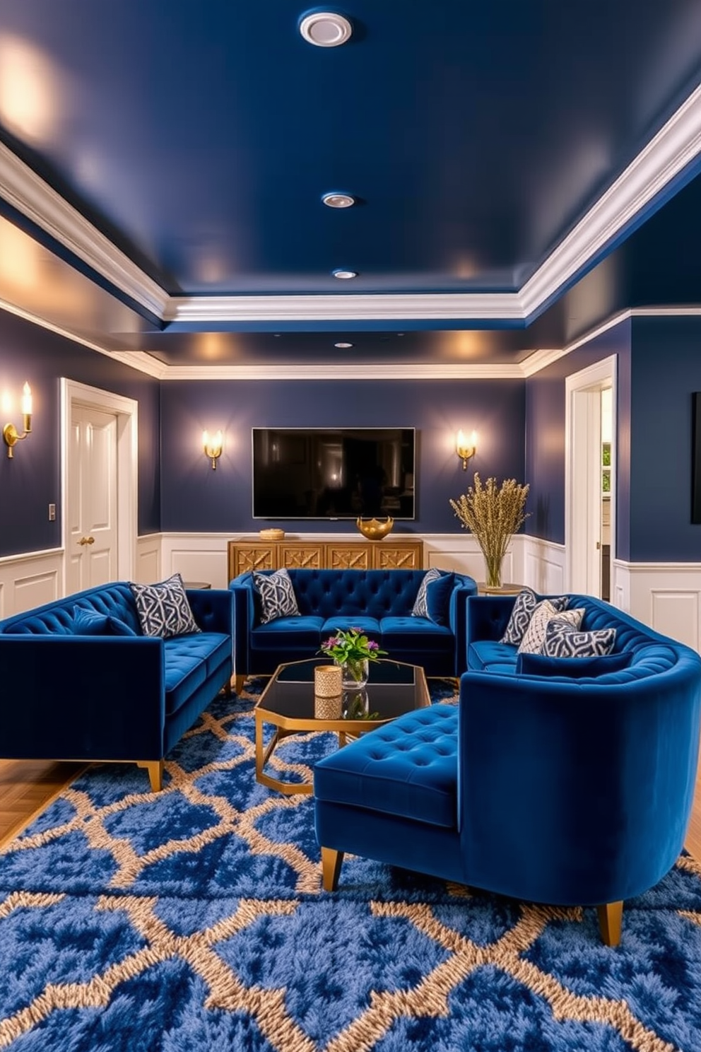 A chic basement design featuring blue and gold decor. The walls are painted a deep navy blue, complemented by gold accents in the light fixtures and furniture. Luxurious velvet sofas in a rich blue hue are arranged around a sleek gold coffee table. A plush area rug with a geometric pattern in blue and gold ties the space together, creating a cozy atmosphere.