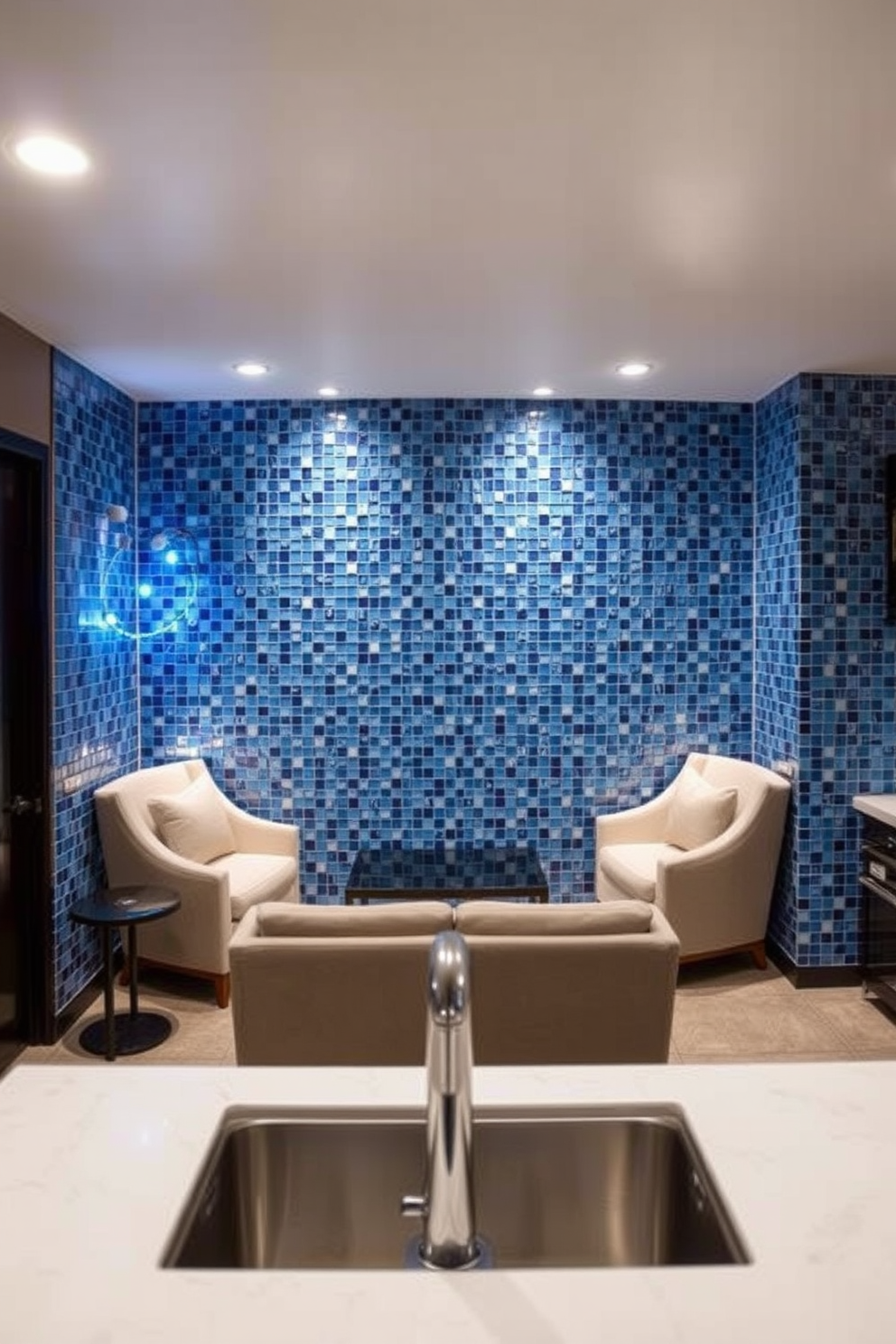 A stylish basement design featuring blue mosaic tiles as a striking backsplash. The space is illuminated by soft recessed lighting that highlights the intricate patterns of the tiles. The basement includes a cozy seating area with modern furniture in neutral tones. A sleek bar counter complements the design, creating an inviting atmosphere for entertaining guests.