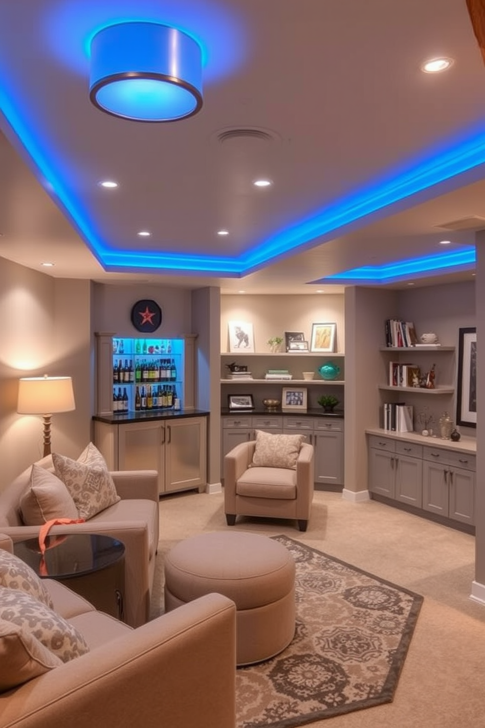 A cozy basement retreat featuring soft blue lighting fixtures that create a warm and inviting ambiance. The walls are painted in a light gray hue, complemented by plush seating arrangements and a stylish area rug. In one corner, a small bar area with sleek cabinetry showcases an array of beverages. Decorative shelves display books and art pieces, enhancing the character of the space while maintaining a relaxed atmosphere.