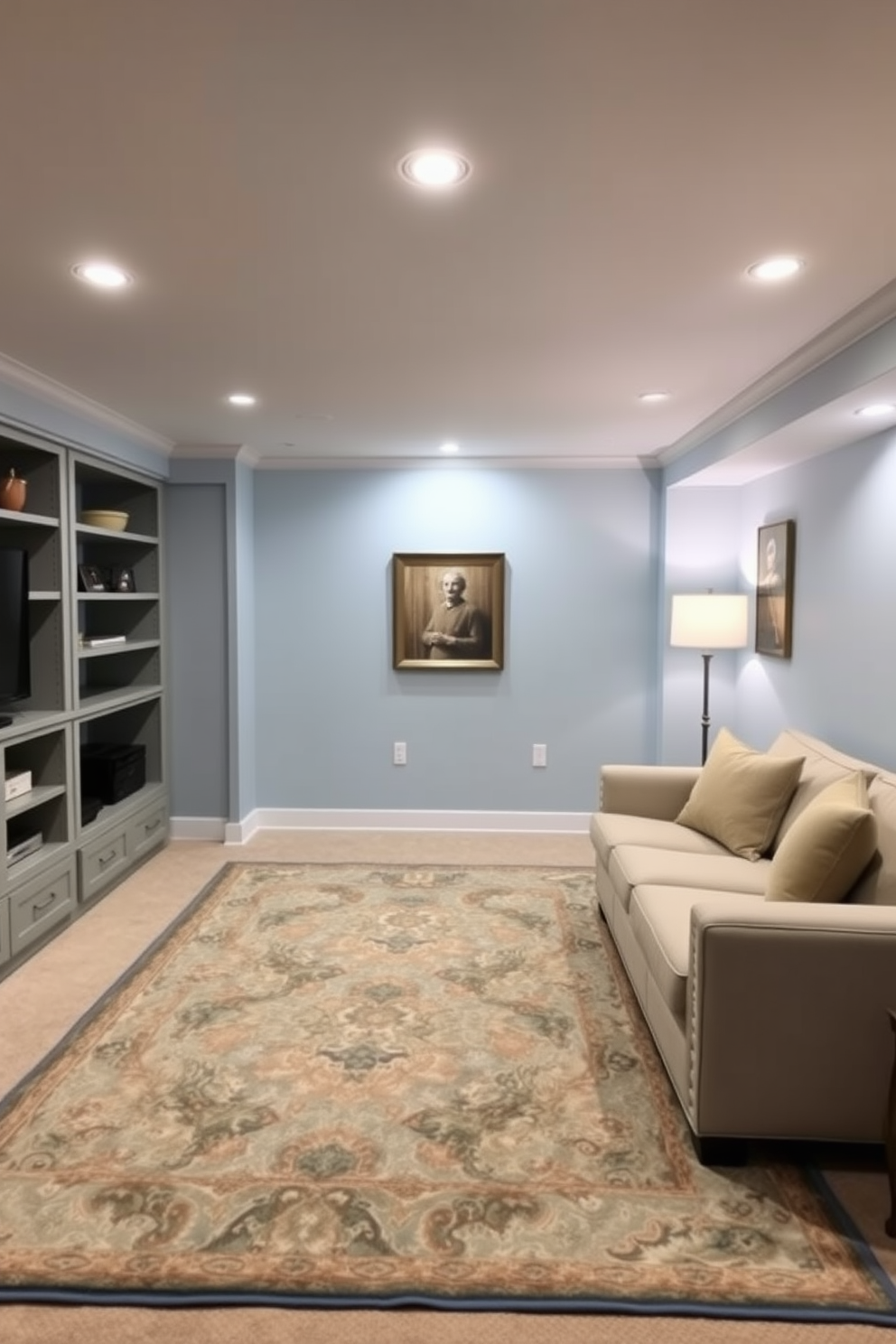 Light blue paint enhances the spacious feel of the basement, creating a calming and airy atmosphere. The design features comfortable seating with plush cushions and a large area rug that ties the space together. Incorporate built-in shelving for storage and display, adding both functionality and style. Soft lighting fixtures, such as recessed lights and floor lamps, provide warmth while highlighting the room's features.