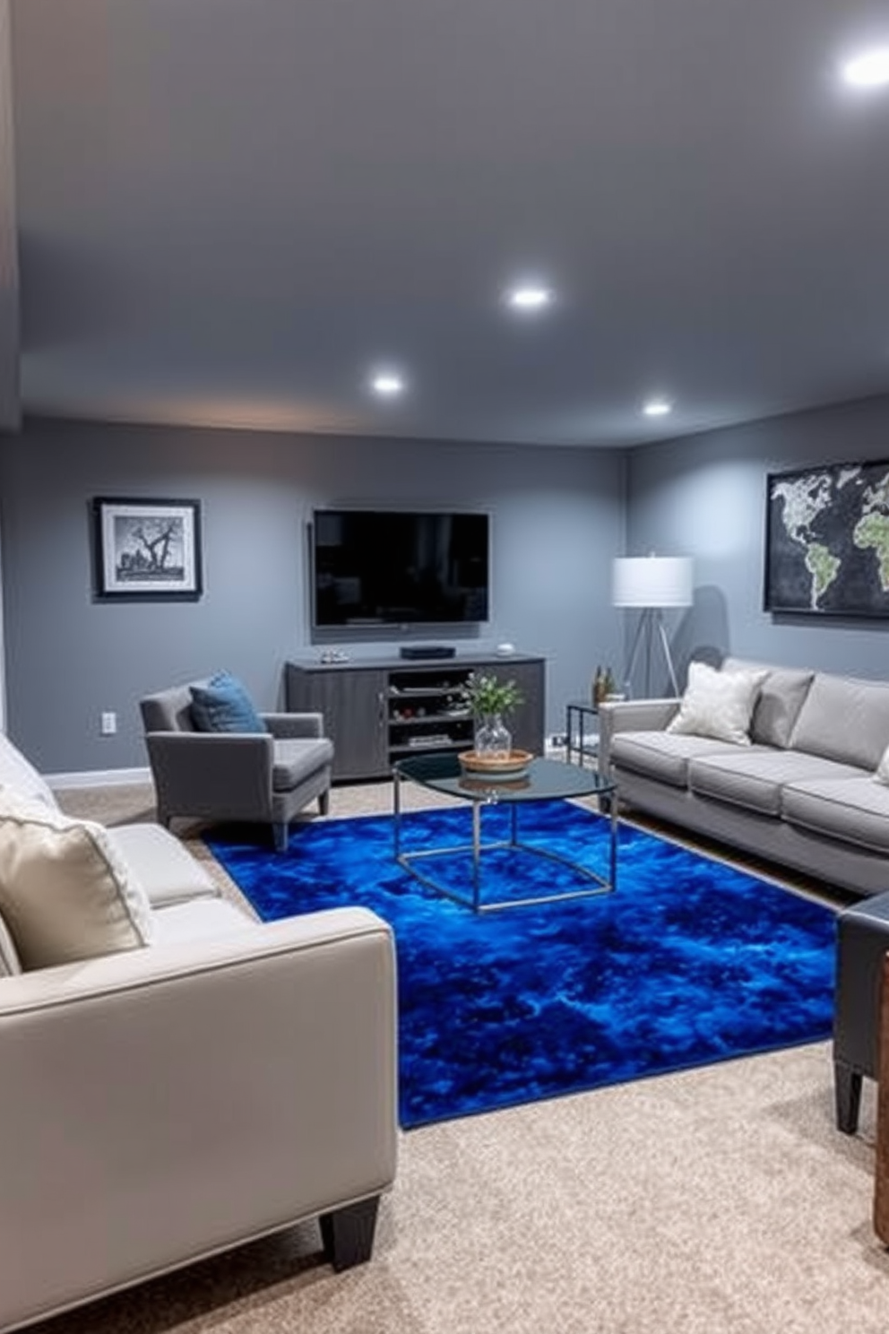 A striking blue area rug anchors the space, adding warmth to the cool tones of the basement. The walls are painted in a soft gray, and the furniture features contemporary lines with plush seating for comfort. Incorporate a sleek entertainment unit that blends seamlessly with the decor. Accent lighting highlights artwork on the walls, creating a cozy and inviting atmosphere.