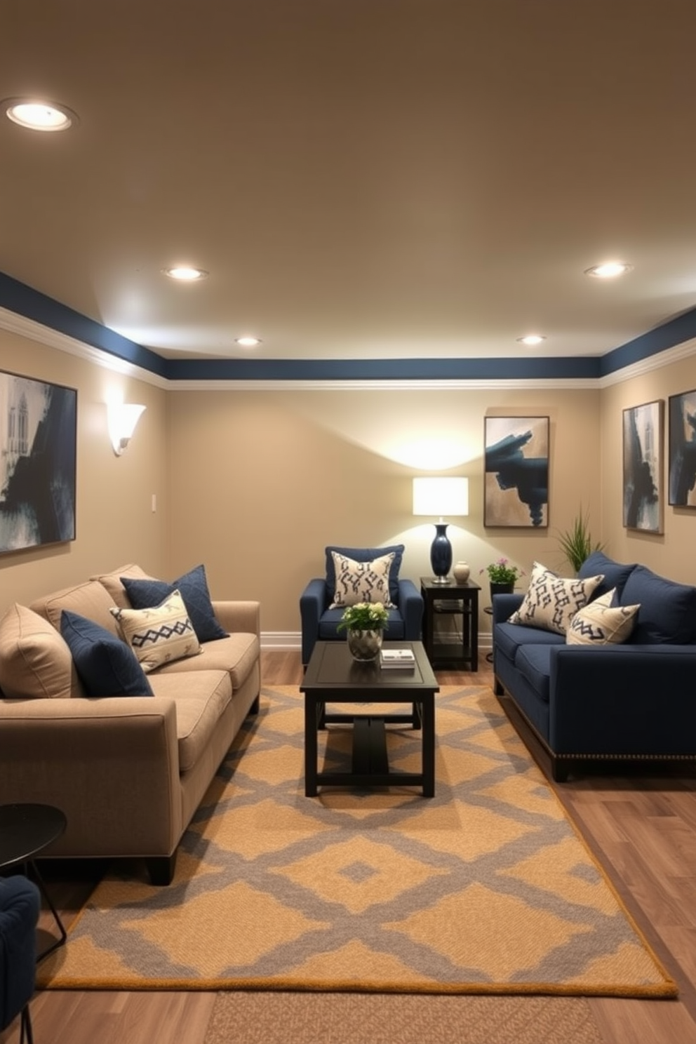 A cozy basement retreat designed with a blue and beige color palette that promotes harmony. The walls are painted a soft beige, complemented by deep blue accents in the furniture and decor. Plush seating arrangements feature a mix of beige and blue cushions, creating an inviting atmosphere. A large area rug in a geometric pattern ties the space together, enhancing the overall aesthetic.