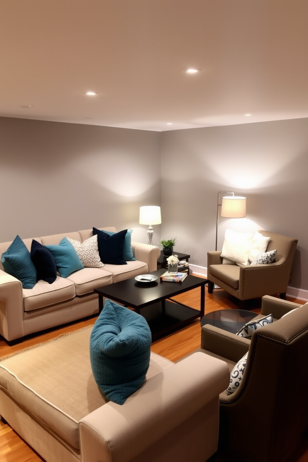 A cozy basement living area features a plush sofa adorned with layered blue throw pillows in various textures and patterns. The walls are painted in a soft gray, while the flooring consists of warm hardwood, creating a welcoming atmosphere. In one corner, a stylish coffee table is surrounded by comfortable accent chairs, inviting relaxation and conversation. Soft lighting from floor lamps casts a warm glow, enhancing the inviting ambiance of the space.