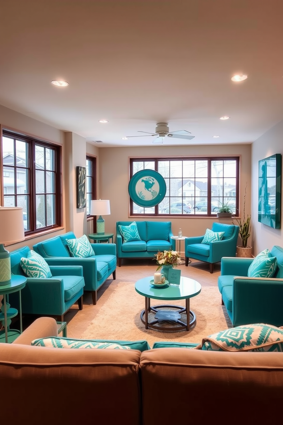 A serene ocean-inspired decor featuring turquoise accents throughout the space. The walls are painted in a soft sandy beige, complementing the vibrant turquoise furniture and decor elements. The basement design showcases a cozy and inviting atmosphere with modern furnishings. Large windows allow natural light to flood in, creating a bright and airy feel despite being underground.