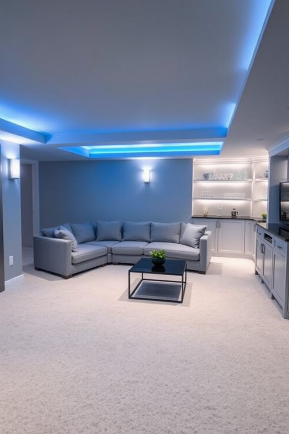 A serene basement retreat with soft blue lighting that creates a calming atmosphere. The walls are painted in a light gray hue, complemented by plush white carpeting that enhances the cozy feel. A comfortable sectional sofa in a muted blue shade is positioned around a sleek coffee table. To one side, a small bar area features elegant shelving with decorative glassware and ambient lighting.