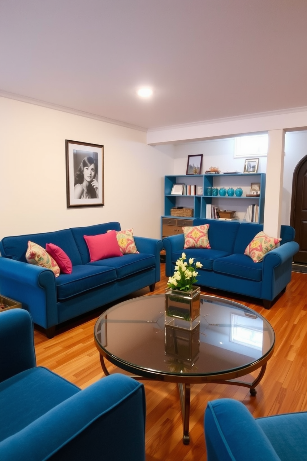 A cozy basement featuring vintage blue furniture that evokes a retro vibe. The walls are painted in a soft cream color, and the flooring is a warm hardwood that complements the blue pieces. A plush blue sofa sits against one wall, adorned with colorful throw pillows. In front of the sofa, a round coffee table with a glass top and gold accents adds a touch of elegance to the space.